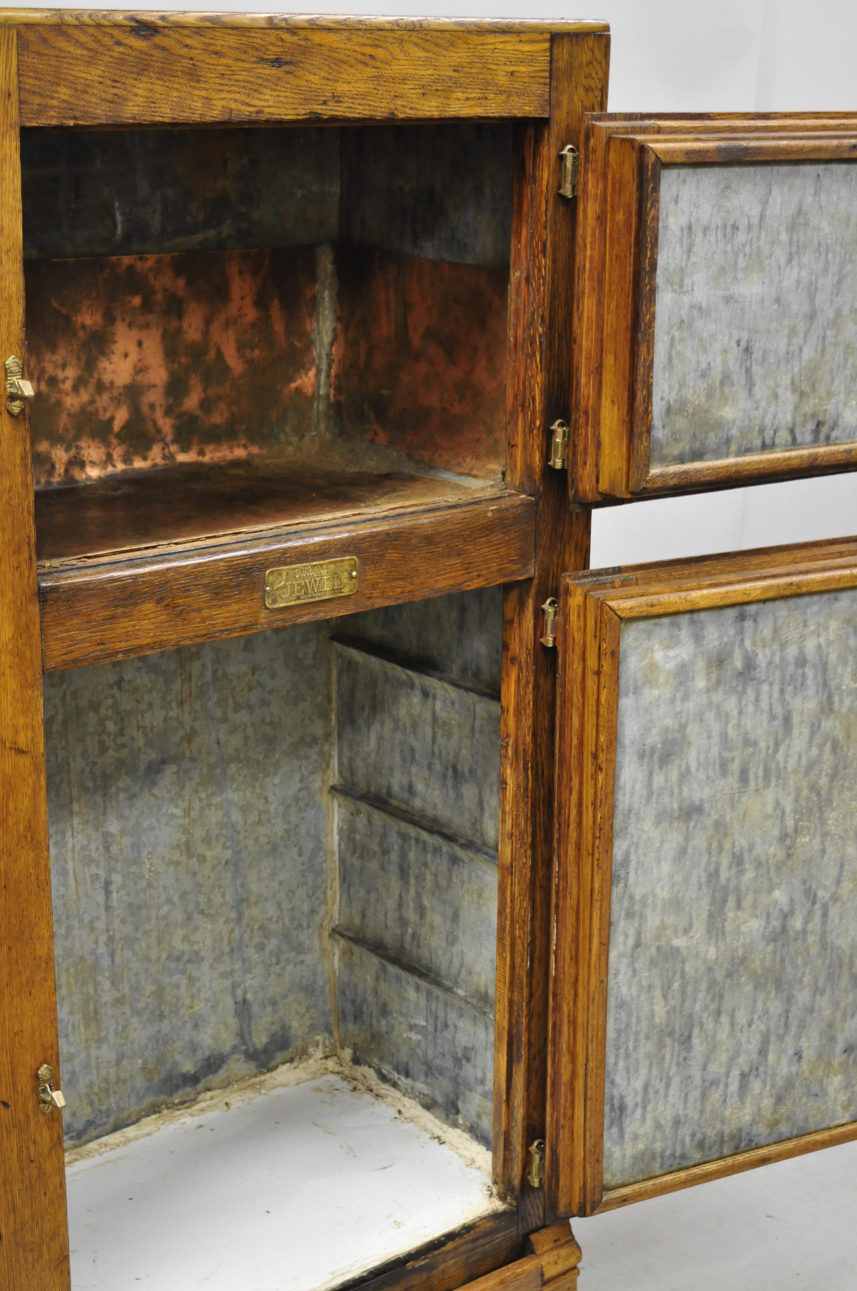 Antique 19th Century Oak Wood Two Door Ice Box Freezer Fridge by Steinfeld Jewel In Good Condition In Philadelphia, PA