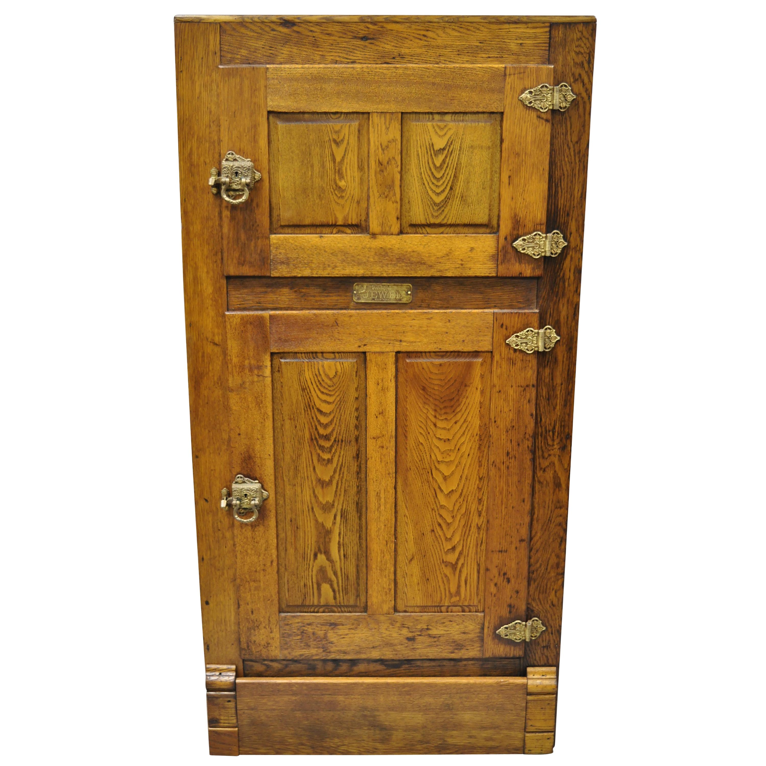Antique 19th Century Oak Wood Two Door Ice Box Freezer Fridge by Steinfeld Jewel