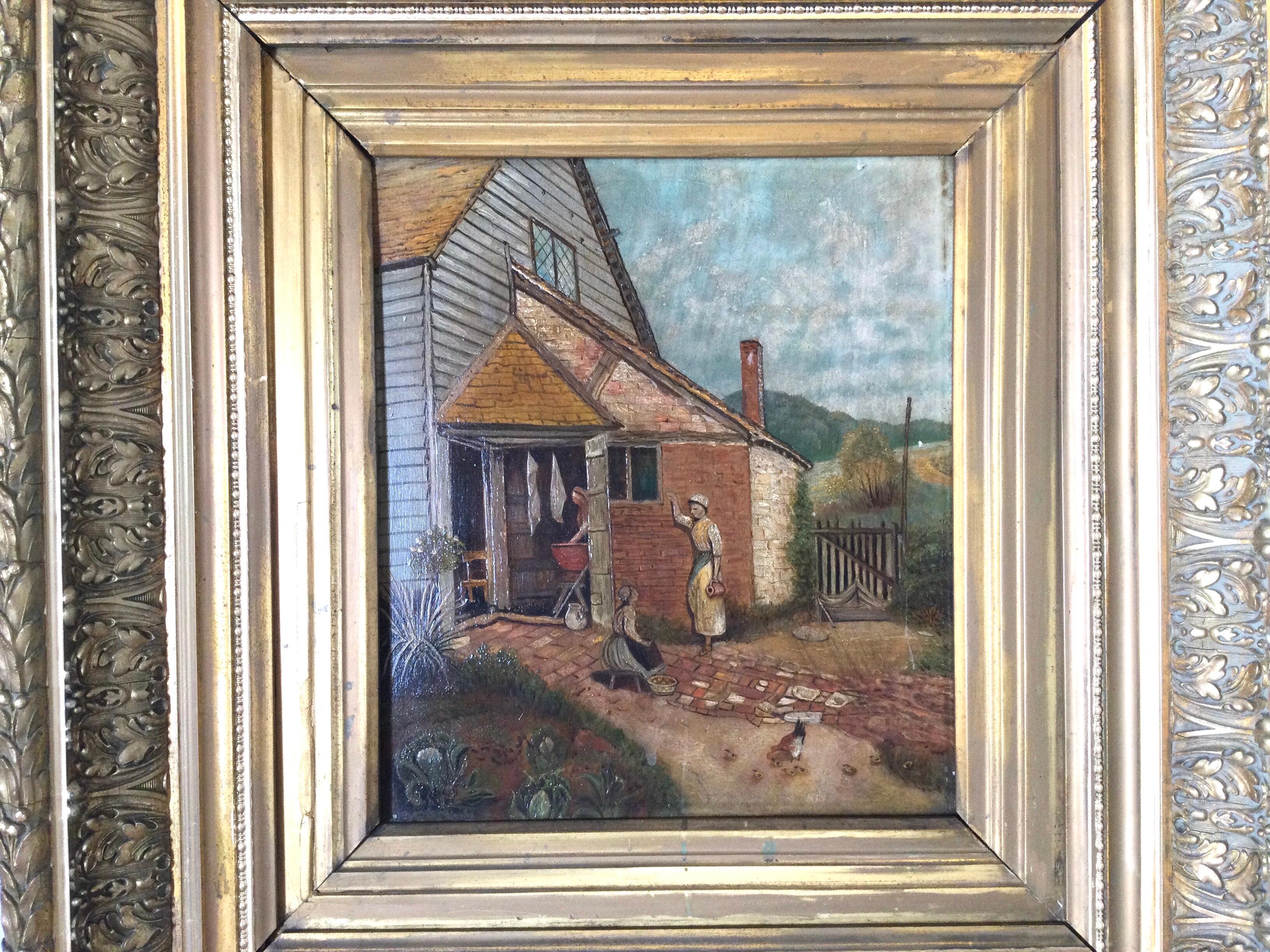 A charming oil painting on board of a farm house with a scene depicting farm life in the back yard. The very detailed early frame with an oil on board in colorful muted tones. The early frame with aged gilt finish, some minor chipping. The frame