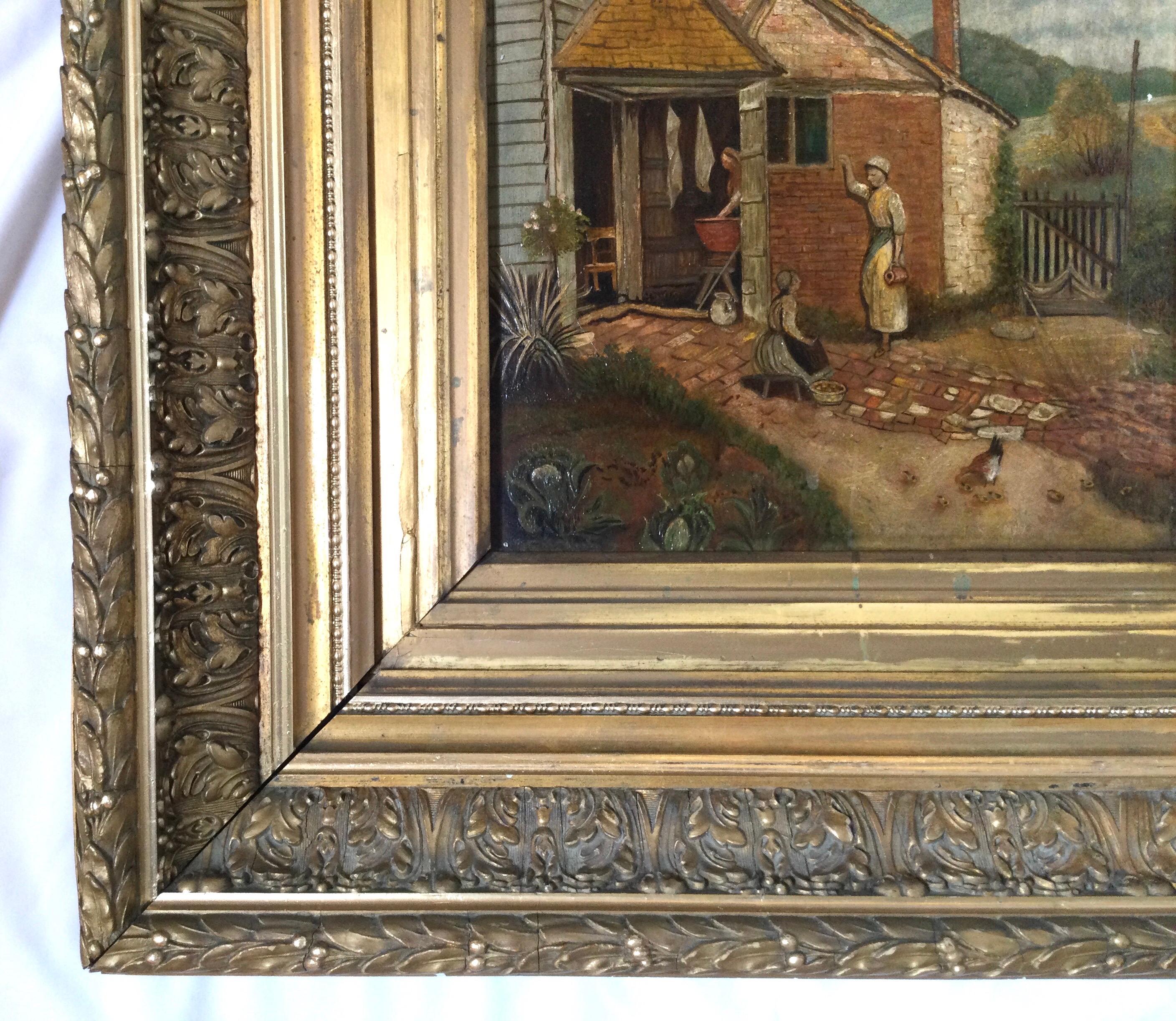 European Antique 19th Century Oil on Board in Elaborate Gilt Frame For Sale