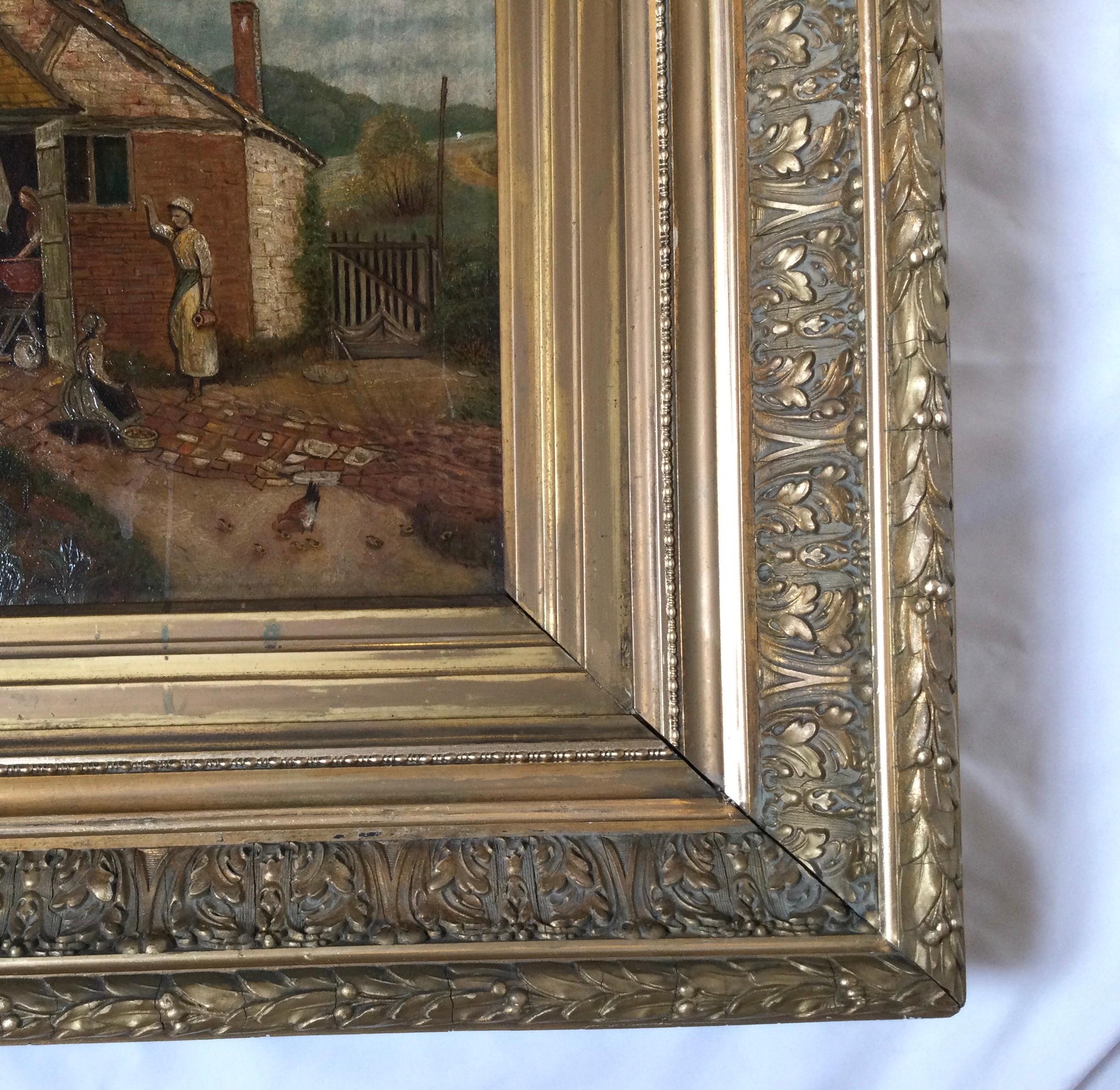 Hand-Painted Antique 19th Century Oil on Board in Elaborate Gilt Frame For Sale