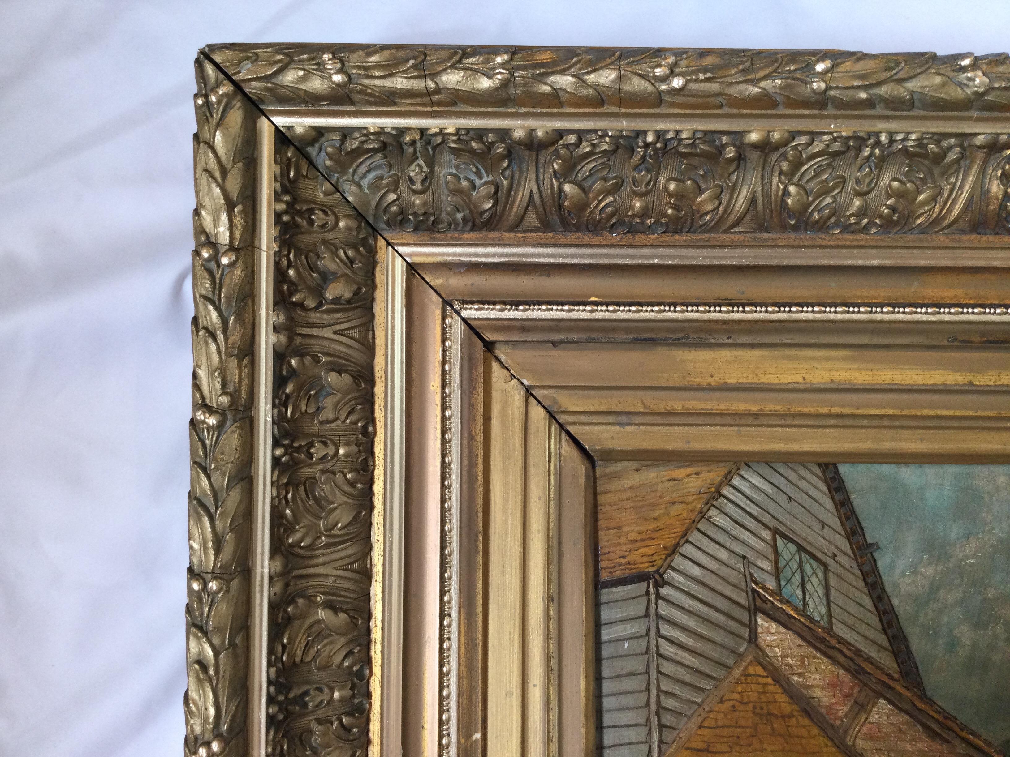 Hardwood Antique 19th Century Oil on Board in Elaborate Gilt Frame For Sale