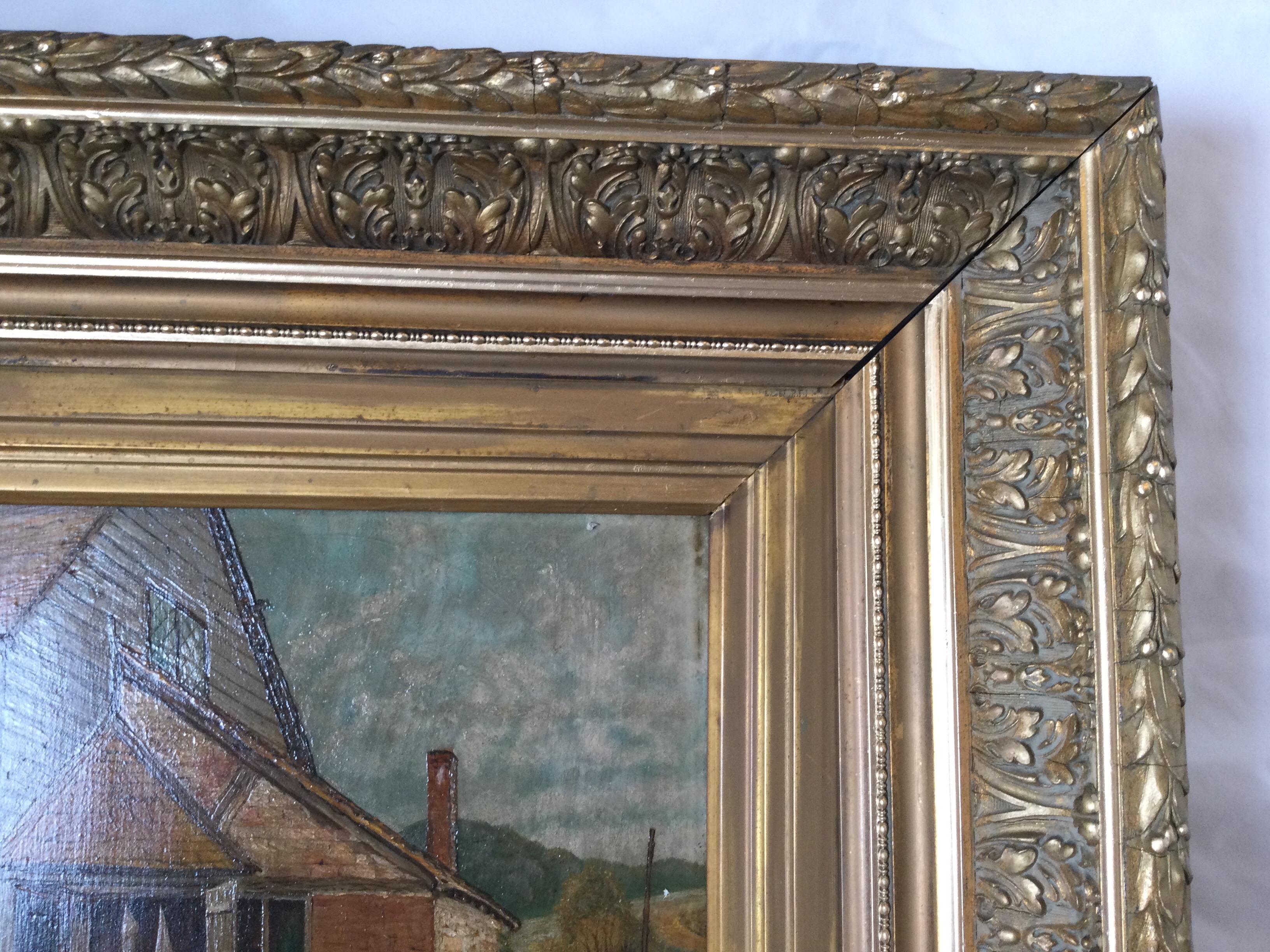 Antique 19th Century Oil on Board in Elaborate Gilt Frame For Sale 1