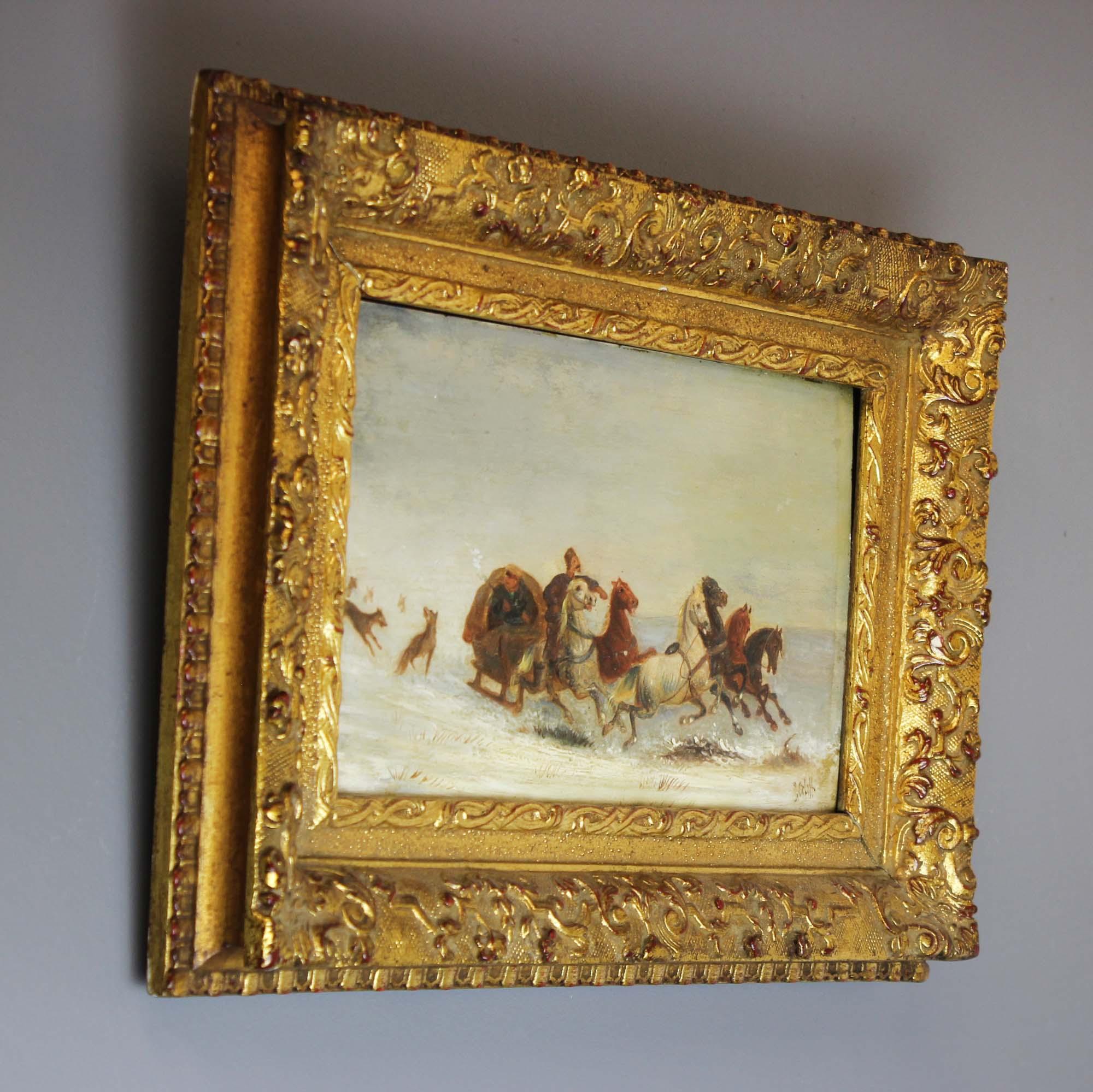 Russe Peinture à l'huile sur panneau ancienne du 19ème siècle « Scène d'hiver » de J.Orloff en vente