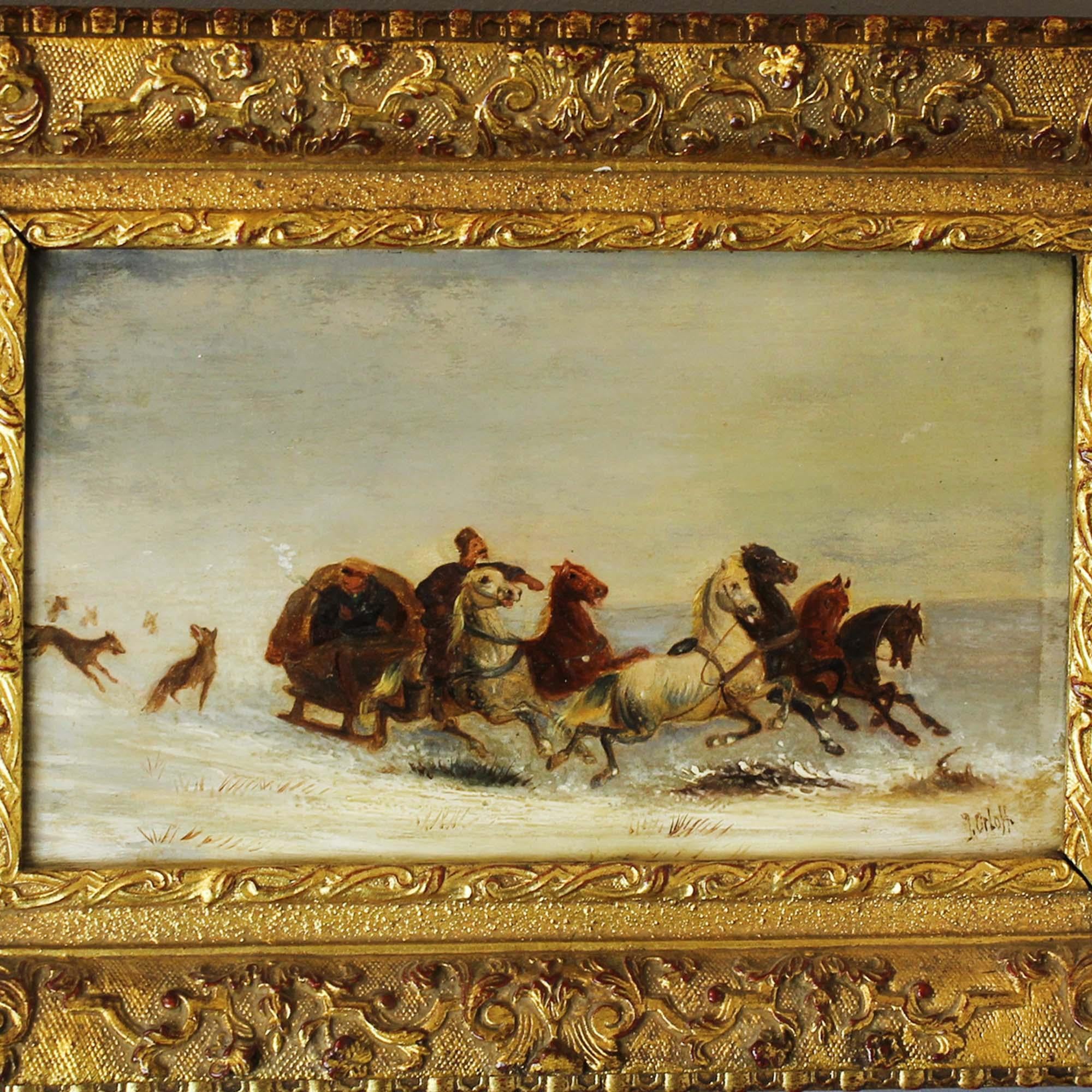 XIXe siècle Peinture à l'huile sur panneau ancienne du 19ème siècle « Scène d'hiver » de J.Orloff en vente