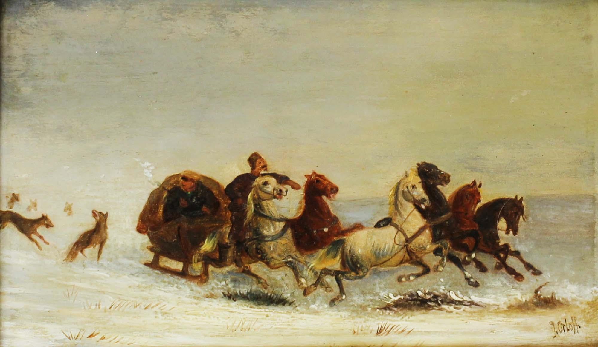 Peinture à l'huile sur panneau ancienne du 19ème siècle « Scène d'hiver » de J.Orloff en vente 1