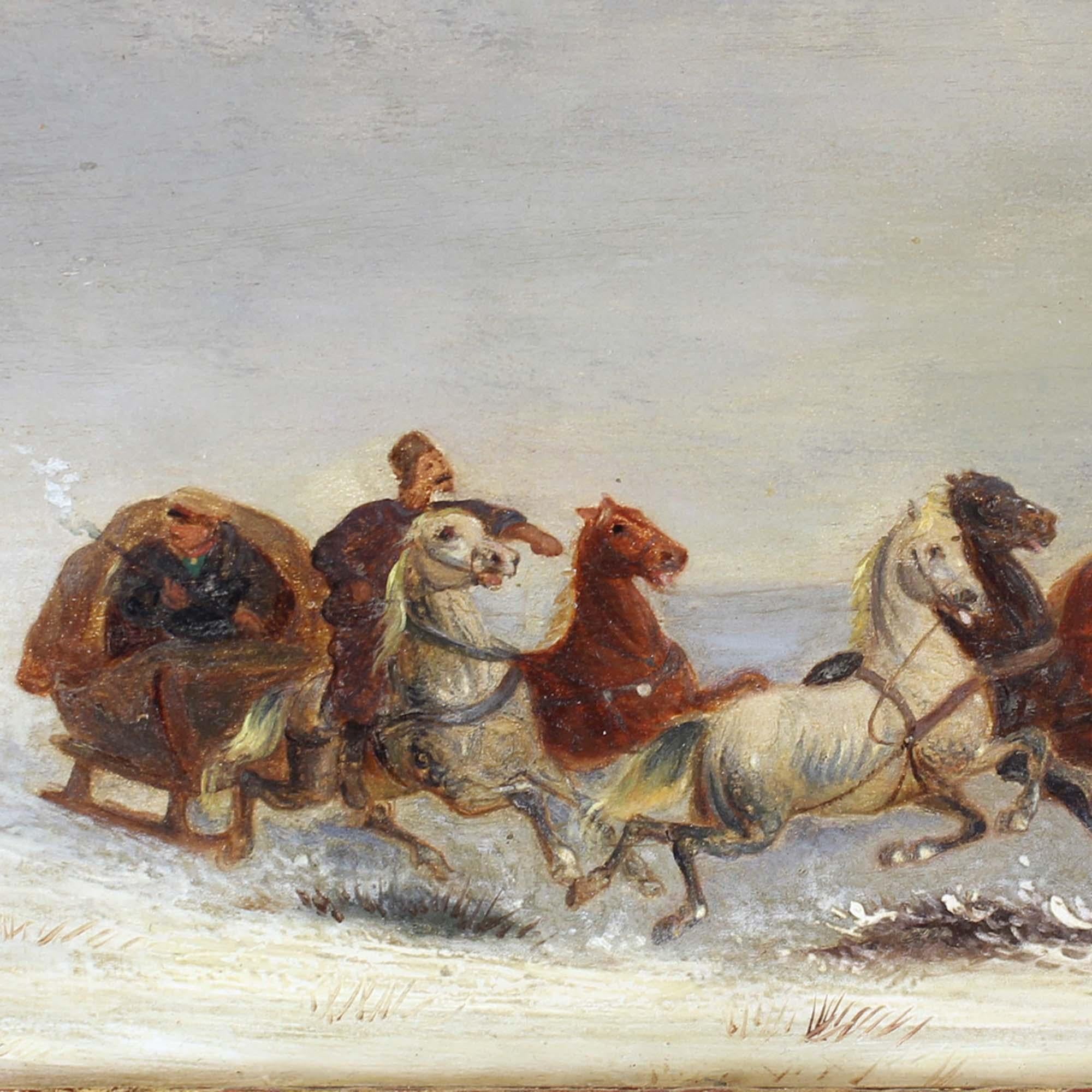 Peinture à l'huile sur panneau ancienne du 19ème siècle « Scène d'hiver » de J.Orloff en vente 2