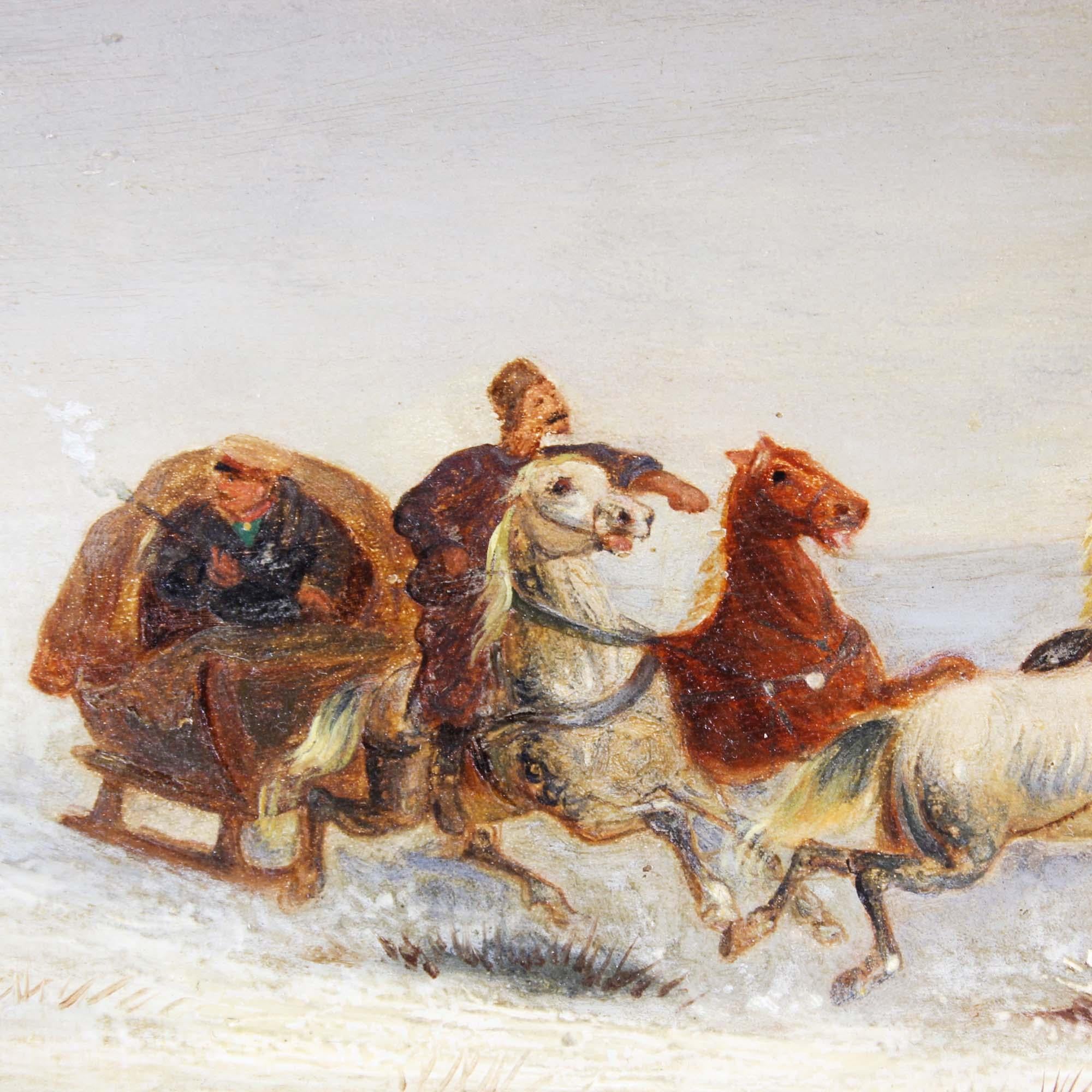 Peinture à l'huile sur panneau ancienne du 19ème siècle « Scène d'hiver » de J.Orloff en vente 3