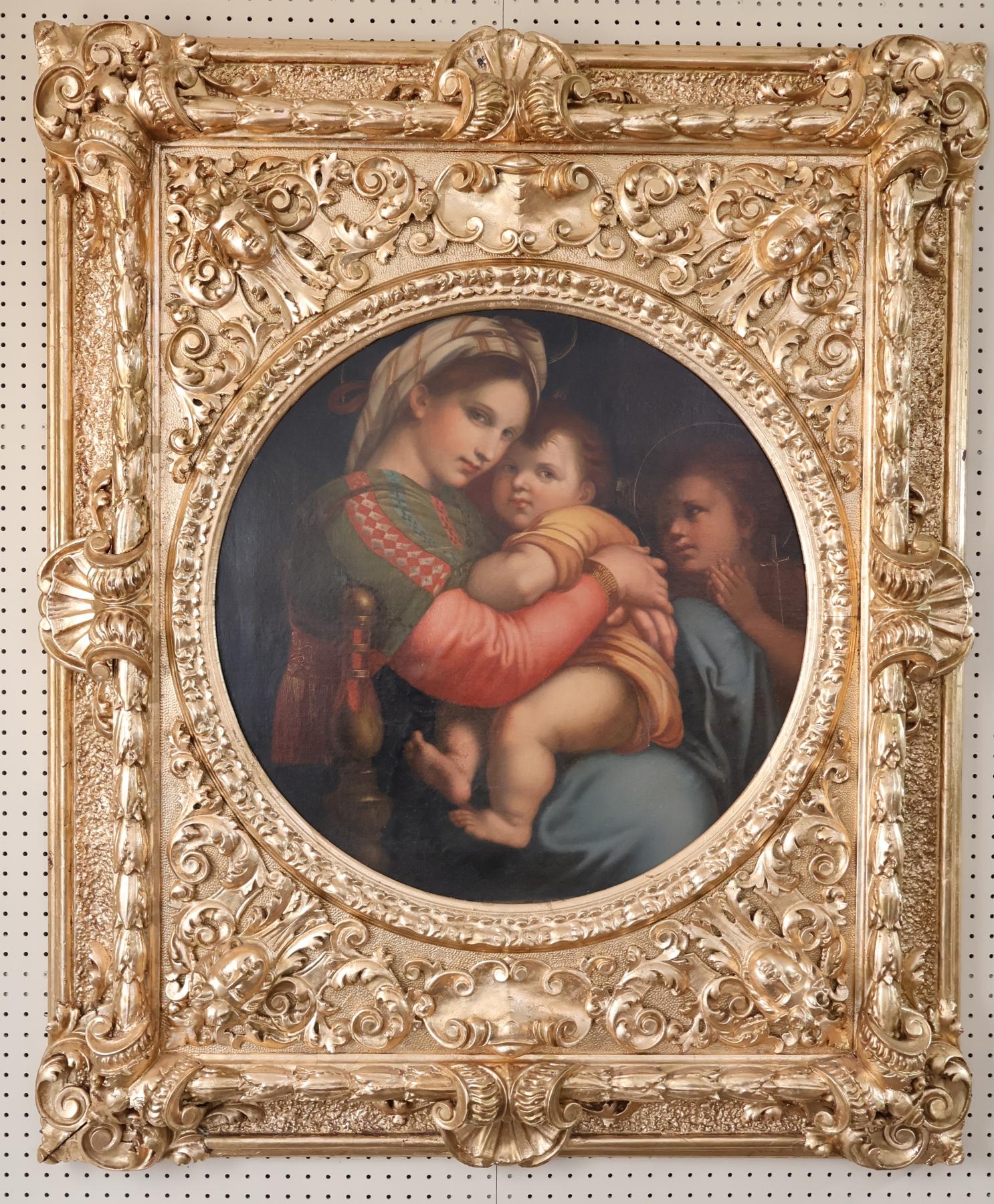 Renaissance ​Antique 19th Century Oil on Canvas Madonna of The Chair After Raphael en vente