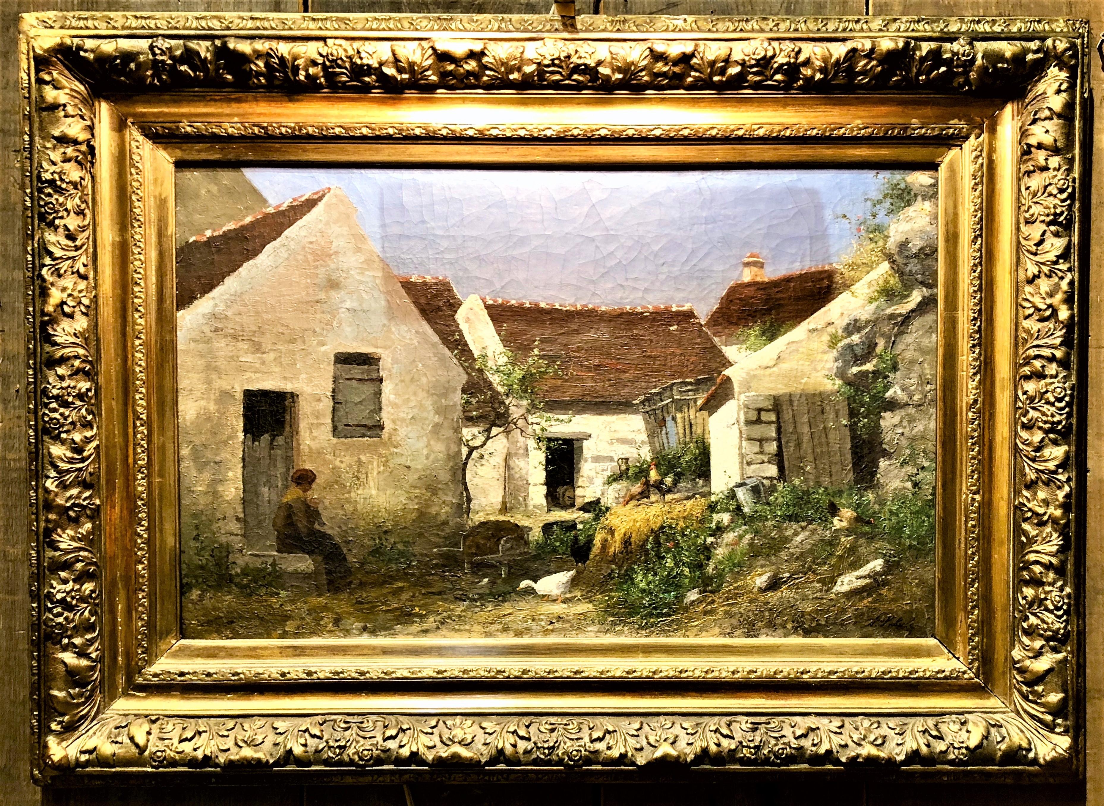 French Antique 19th Century Oil on Canvas Painting of a Village Court Yard Scene