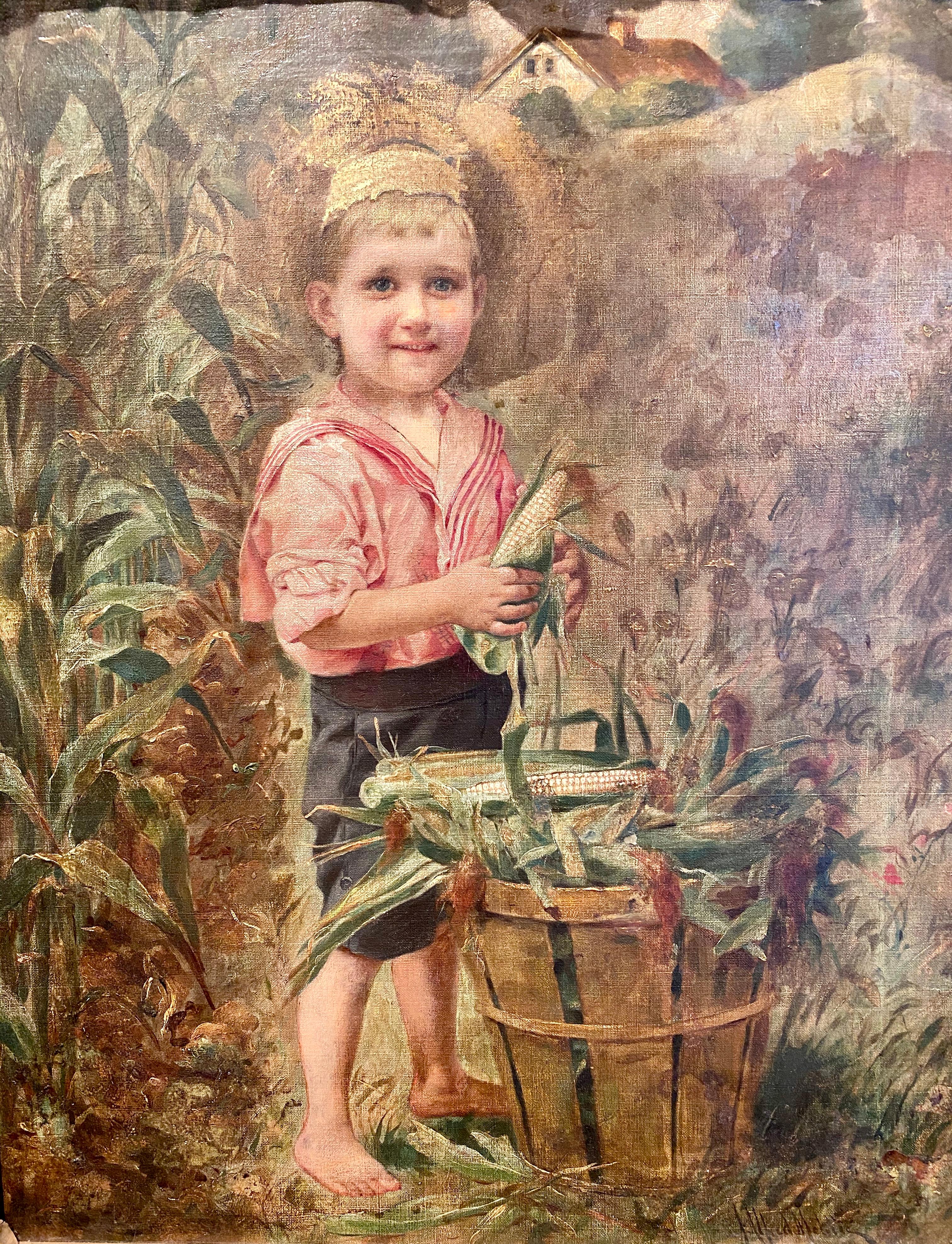 Antique 19th century oil on canvas painting of charming young boy in straw hat.