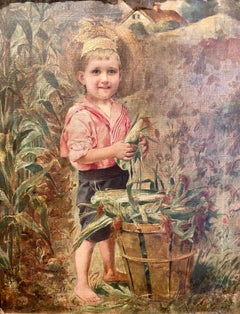 Antique 19th Century Oil on Canvas Painting of Charming Young Boy in Straw Hat