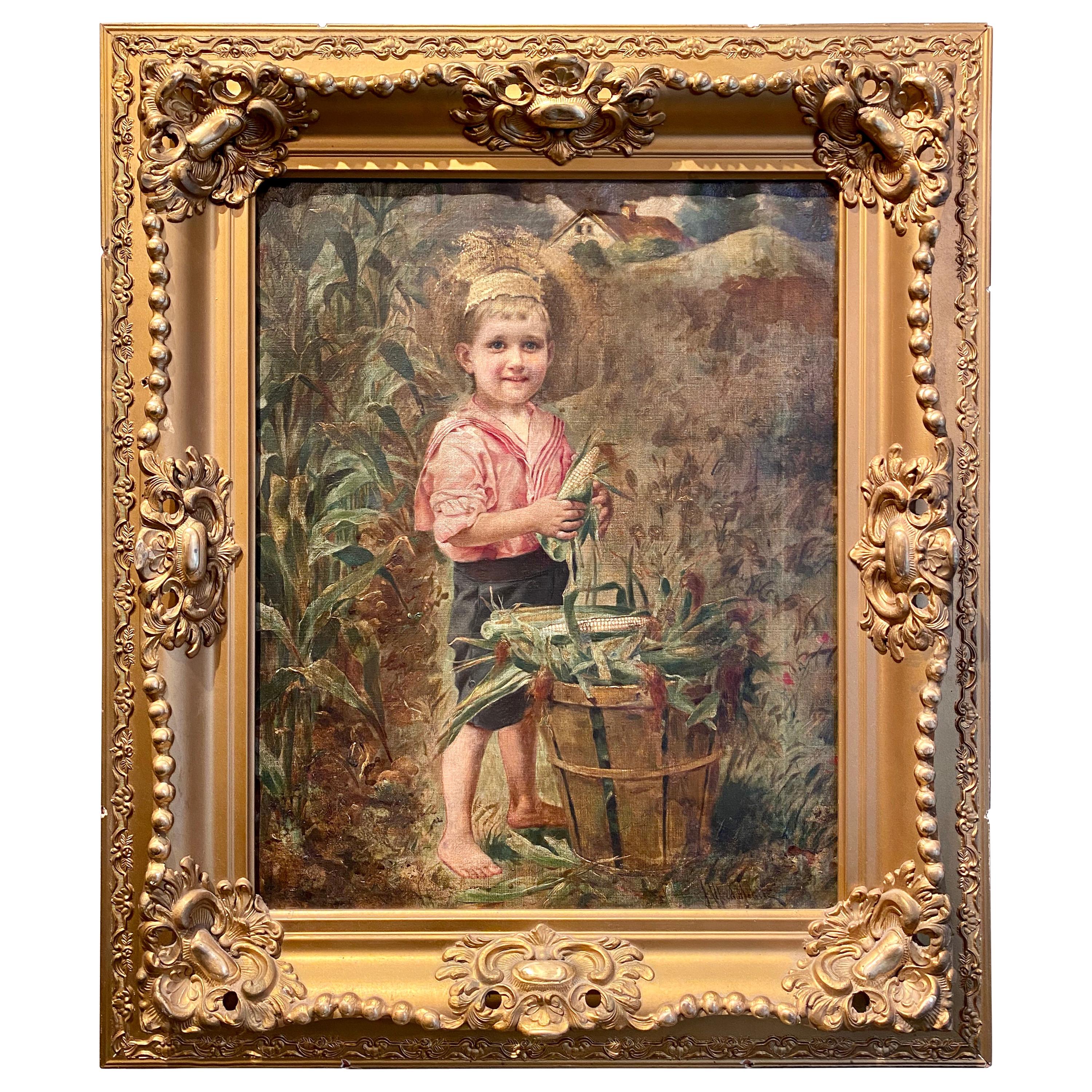 Antique 19th Century Oil on Canvas Painting of Charming Young Boy in Straw Hat