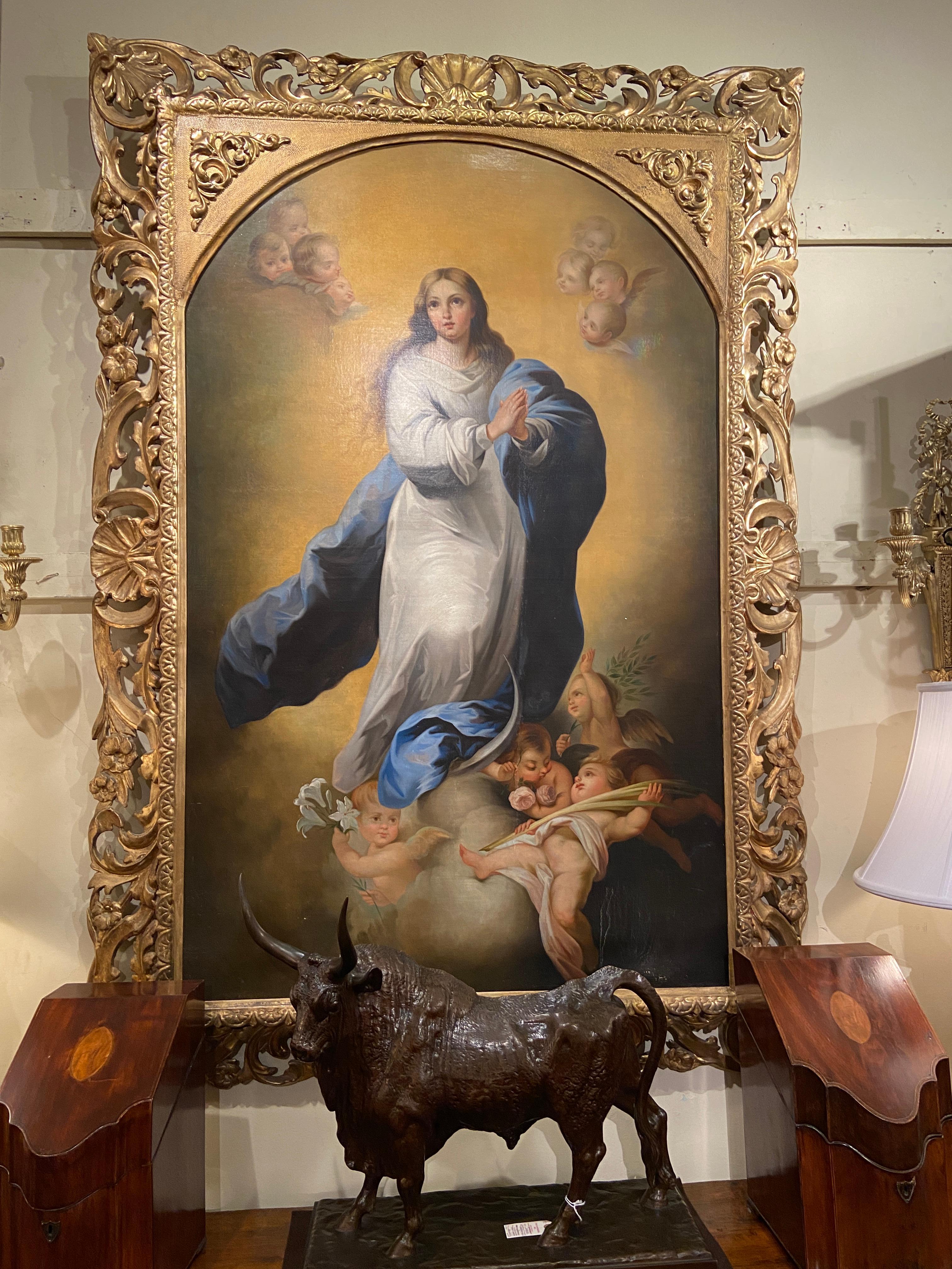 Antique 19th Century Oil on Canvas Painting of The Assumption in Original Frame For Sale 6