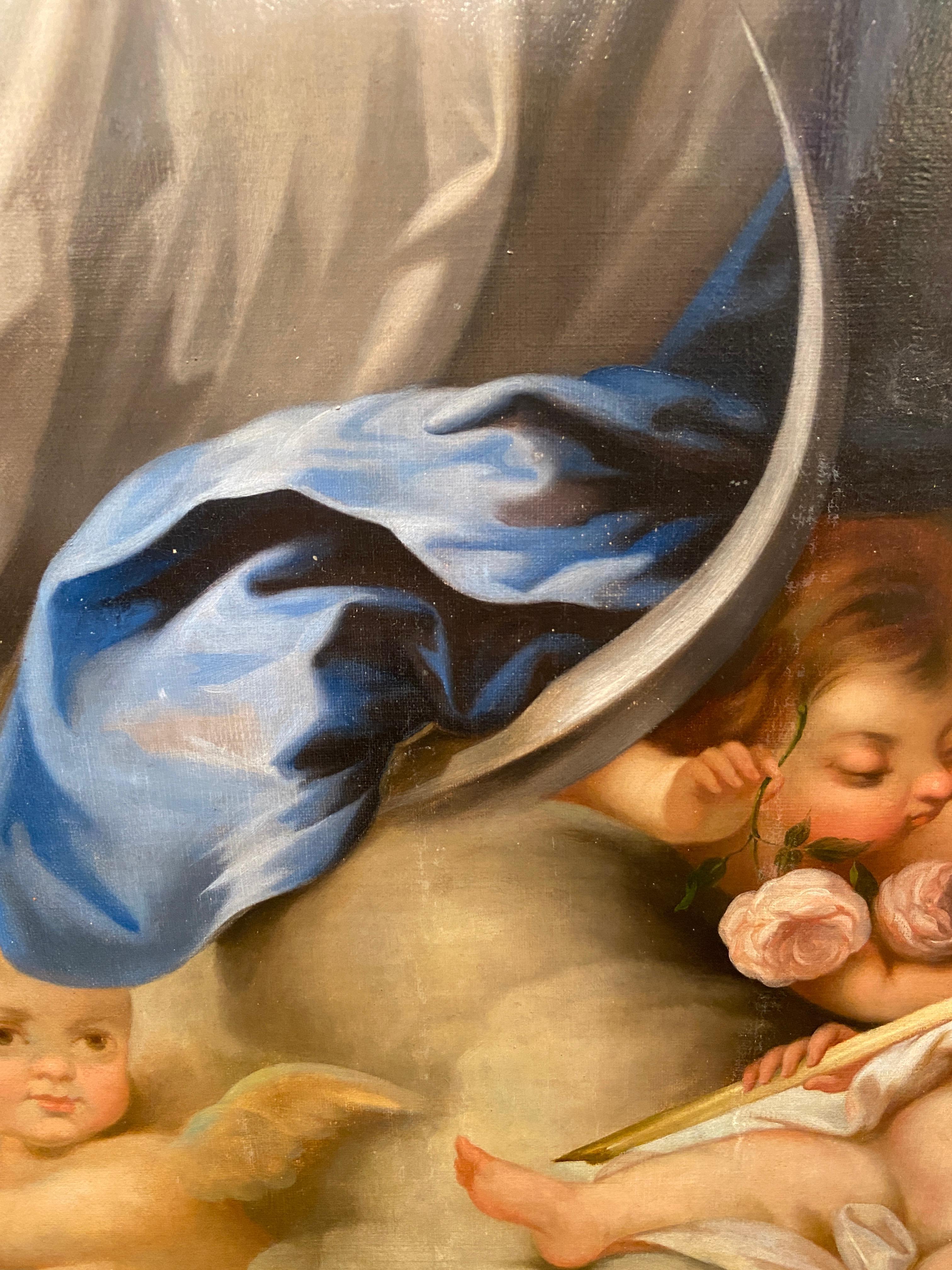Peinture à l'huile sur toile ancienne du XIXe siècle représentant l'assumption dans son cadre d'origine, XIXe siècle en vente 1