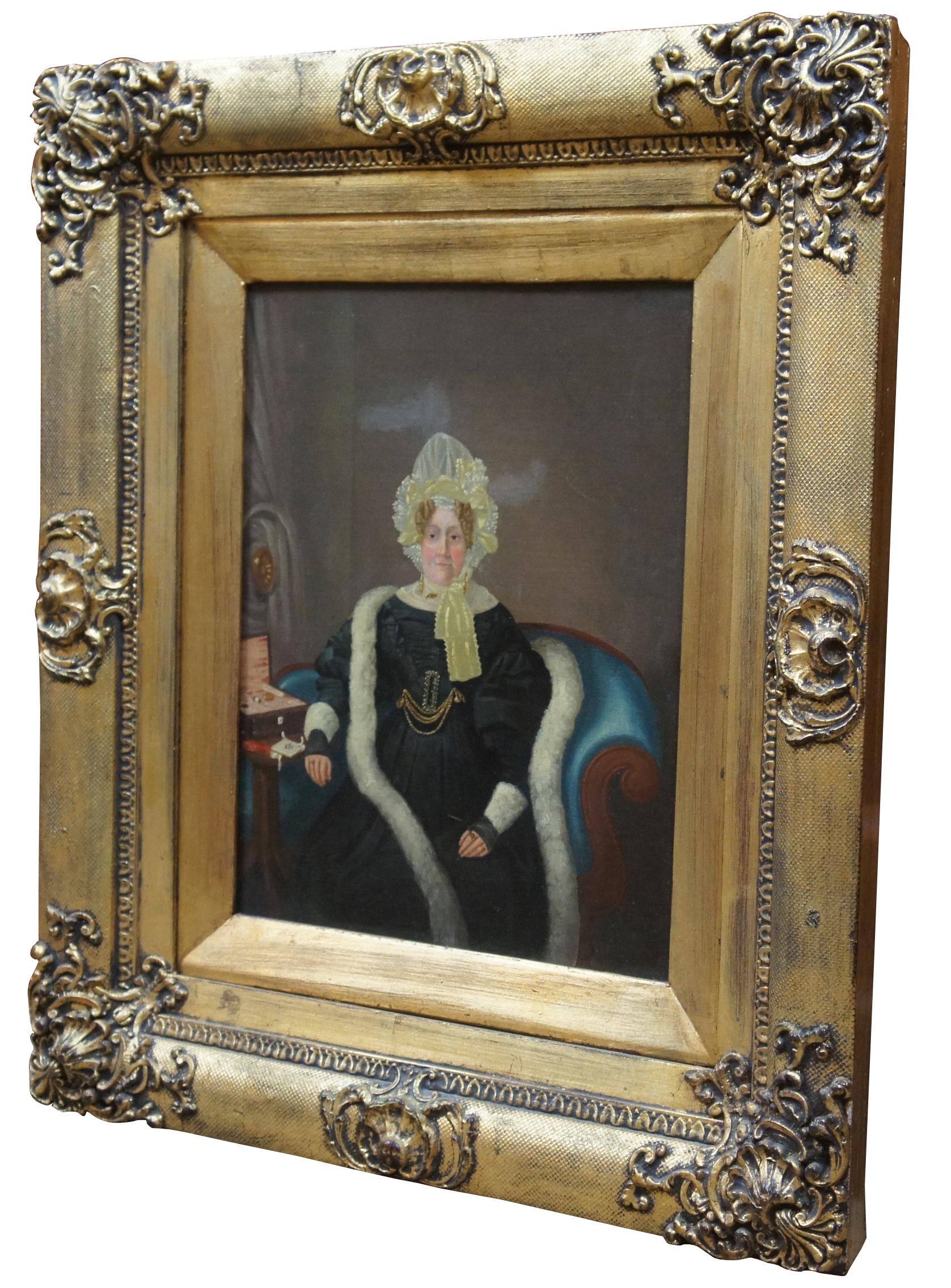 Antique early Victorian portrait painting of a wealthy woman / aristocrat in black, wearing a bonnet, ornate gold frame.
   
Sans Frame - 10.25” x 13”