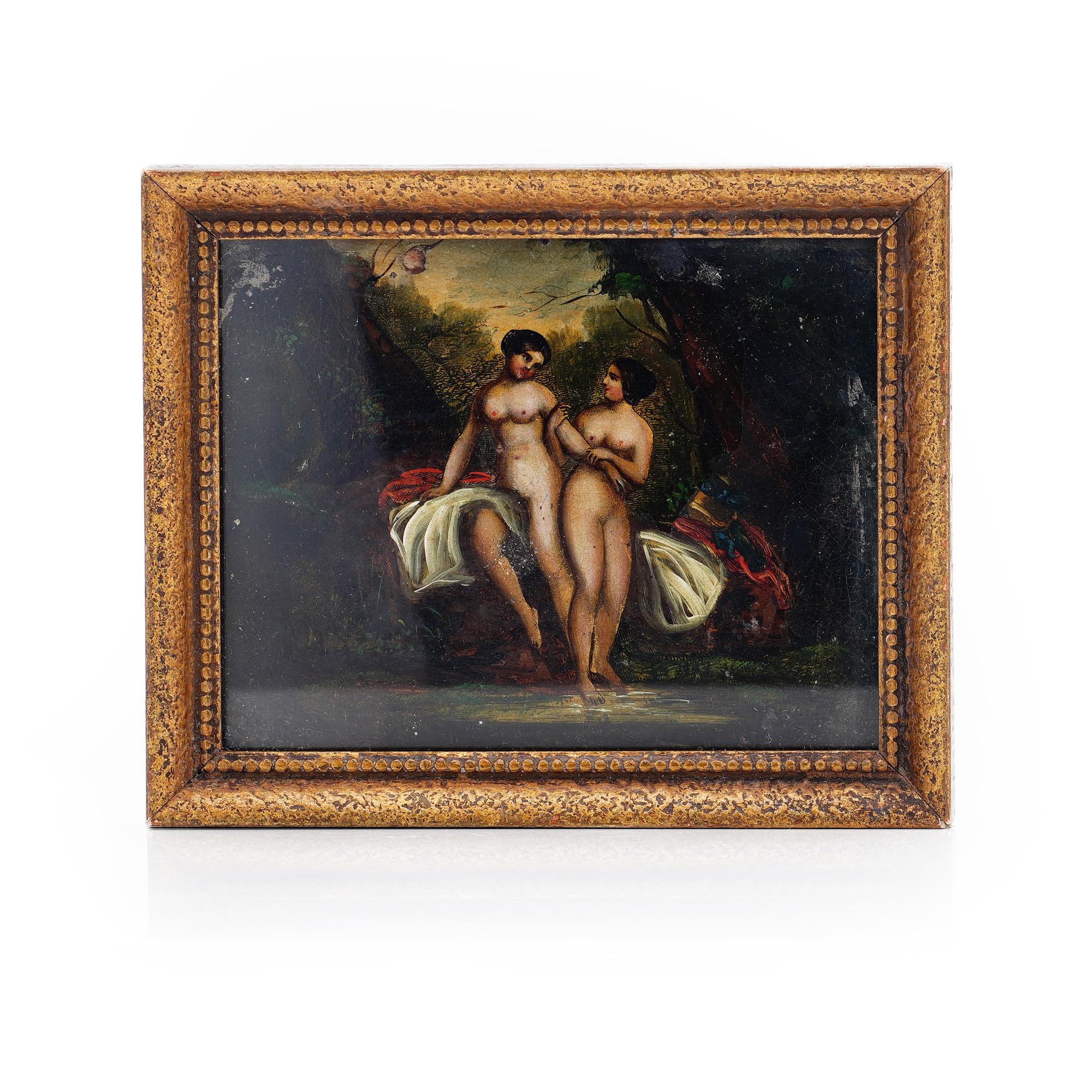 Européen Peinture à l'huile sur étain ancienne du 19ème siècle « Deux nus dans la nature » en vente