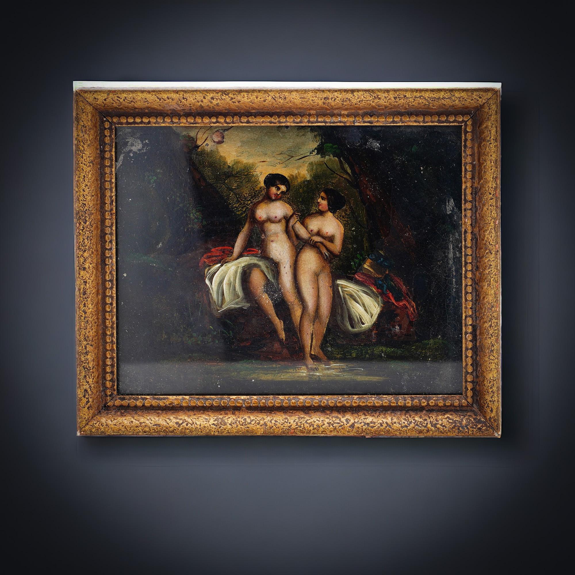 Antique 19th-century oil on tin painting '' Two nudes in nature ''

Dimensions:
Picture size: 11 x 8.5 x 8.5 cm 
Weight: 118 grams

Condition: Painting is pre-owned, has age-related wear and tear, minor parts of paints are missing, please see