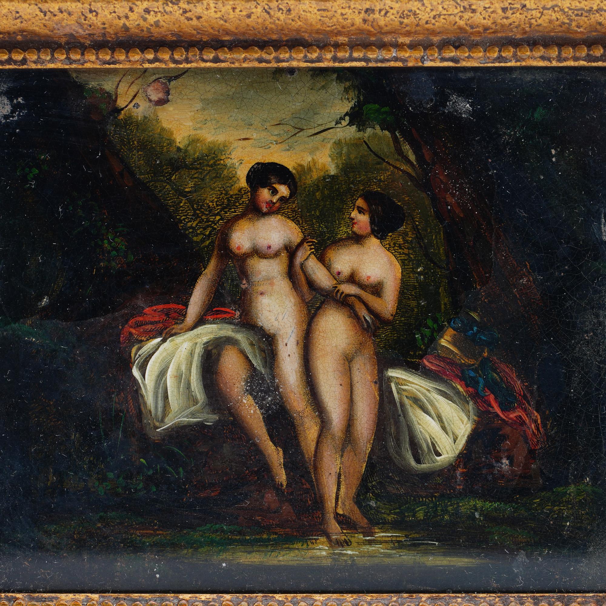Antique 19th Century Oil on Tin Painting ''Two Nudes in Nature'' In Good Condition For Sale In Braintree, GB
