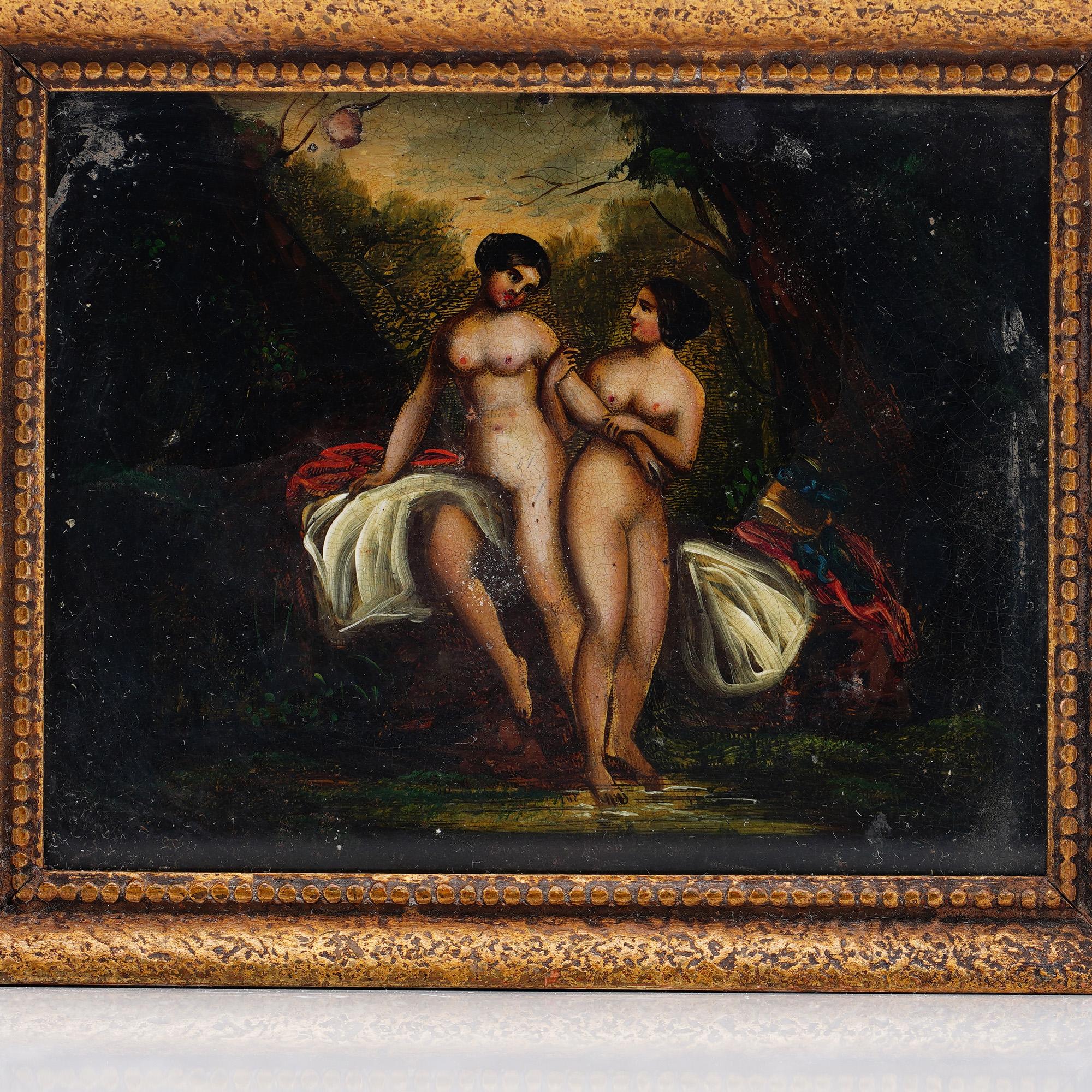 Wood Antique 19th Century Oil on Tin Painting ''Two Nudes in Nature'' For Sale