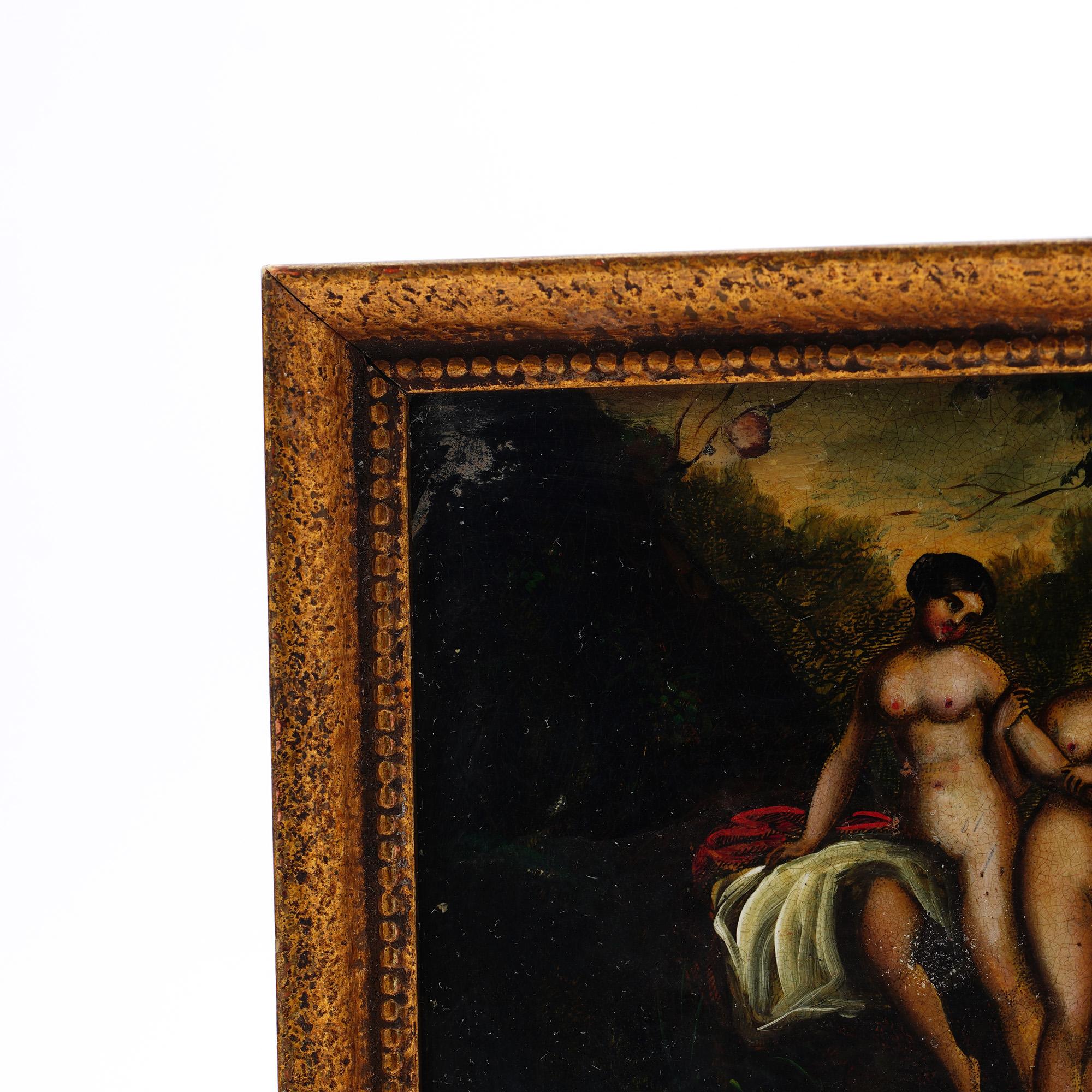 Peinture à l'huile sur étain ancienne du 19ème siècle « Deux nus dans la nature » en vente 1