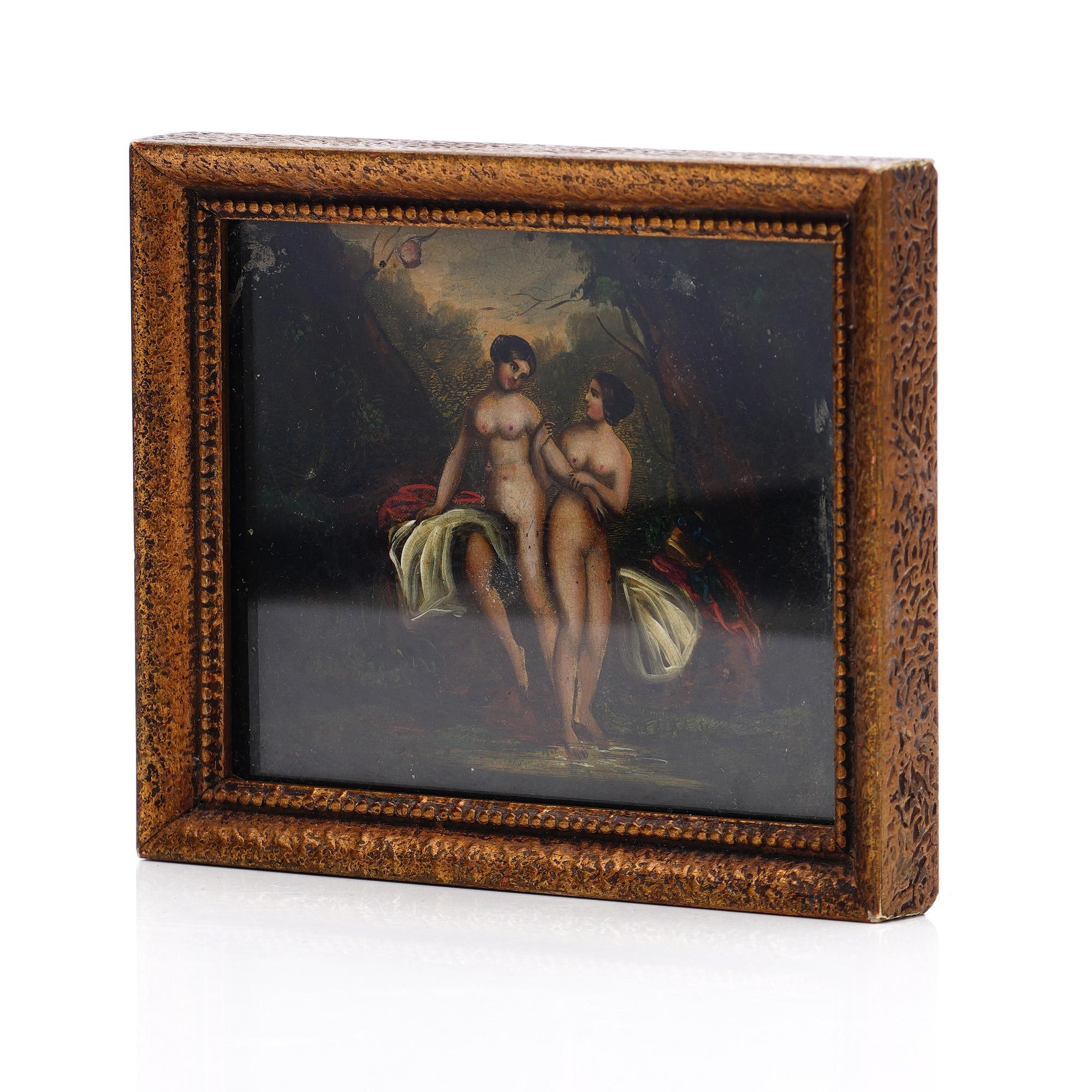 Peinture à l'huile sur étain ancienne du 19ème siècle « Deux nus dans la nature » en vente 2