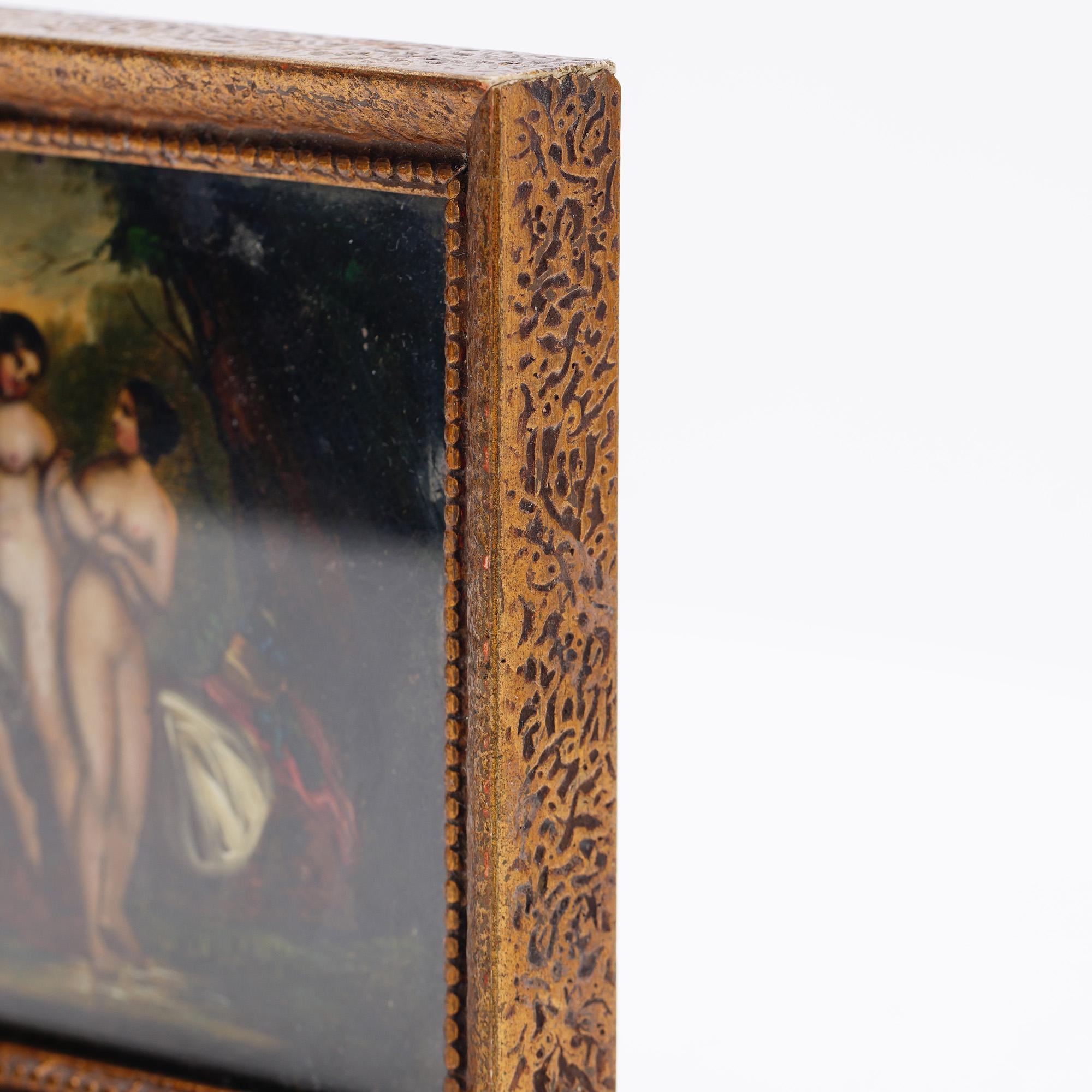 Peinture à l'huile sur étain ancienne du 19ème siècle « Deux nus dans la nature » en vente 3