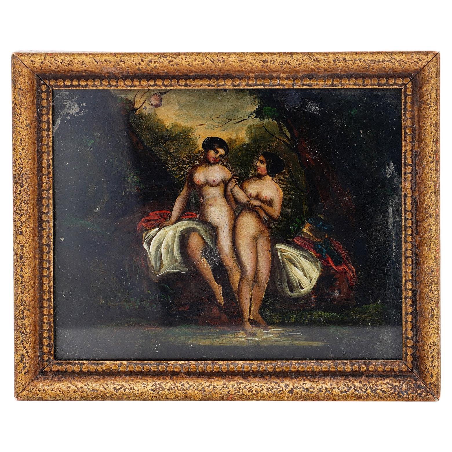 Peinture à l'huile sur étain ancienne du 19ème siècle « Deux nus dans la nature »