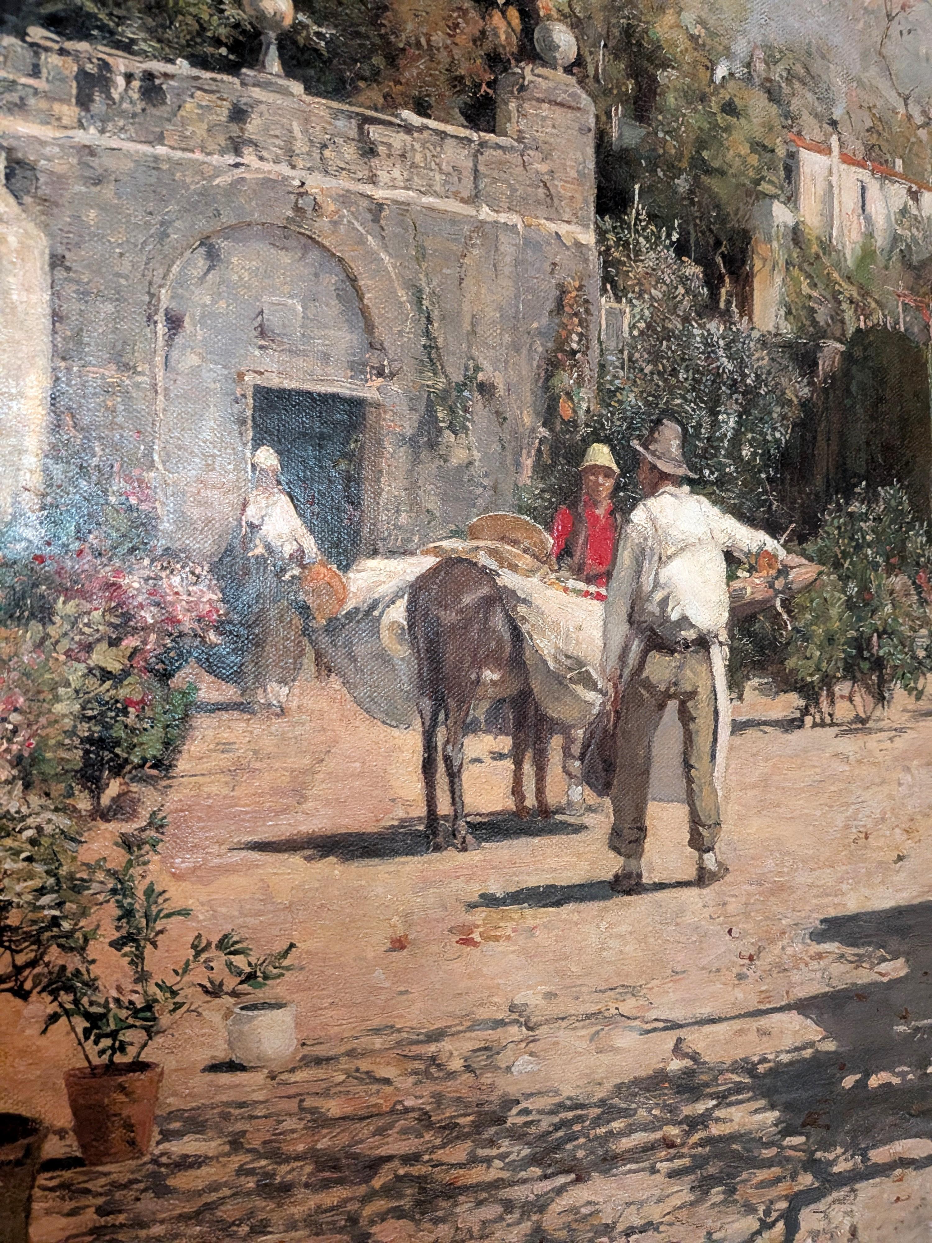 Grande peinture à l'huile ancienne du XIXe siècle représentant un village européen dans un fabuleux cadre doré et orné. Avec le cadre, il mesure au total environ 46 pouces de large, 56 pouces de haut et 3 pouces de profondeur. Signée dans le coin