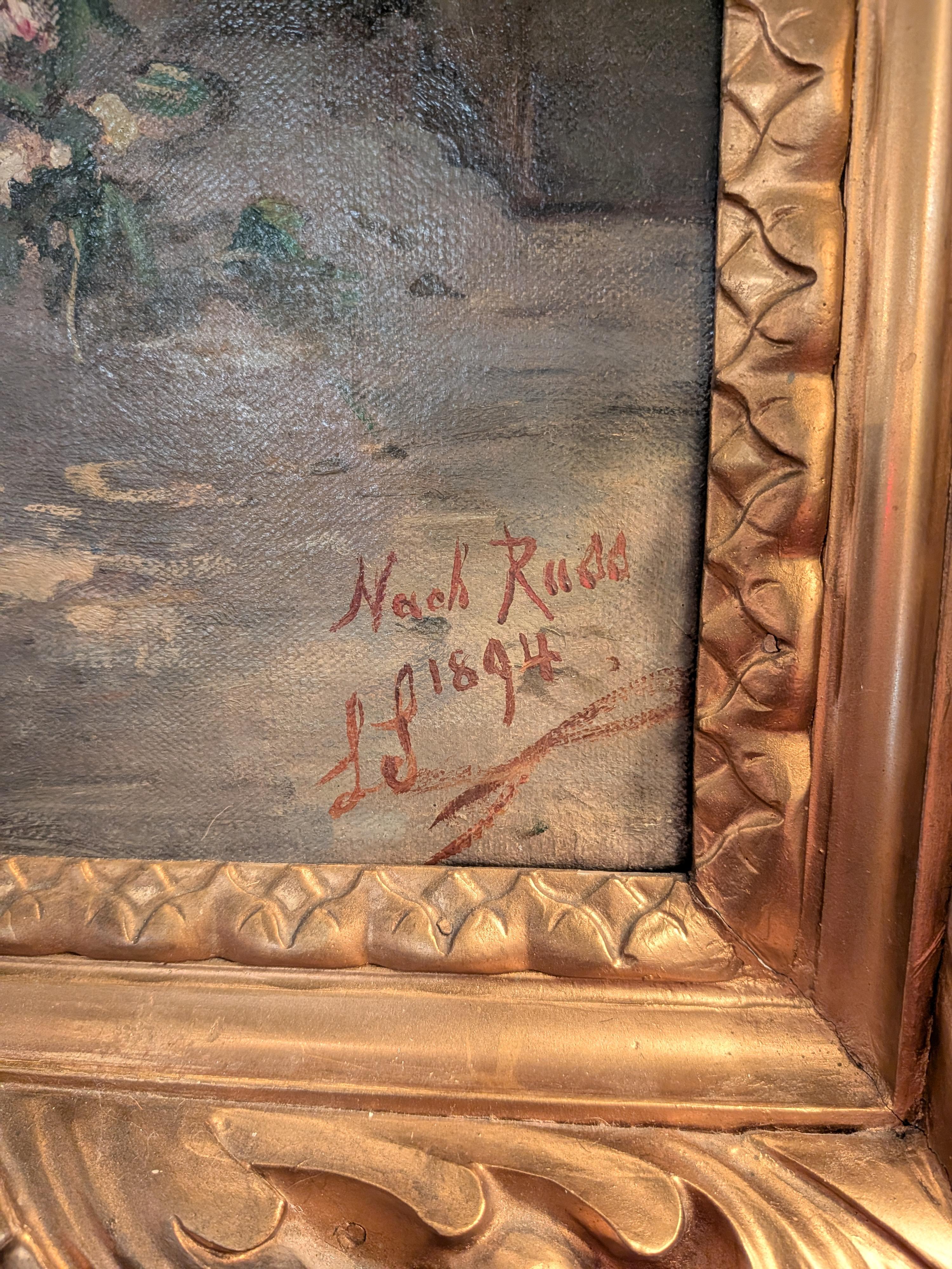 Ancienne peinture à l'huile du 19e siècle, paysage de village européen, signée Nach Russ Bon état - En vente à Greer, SC