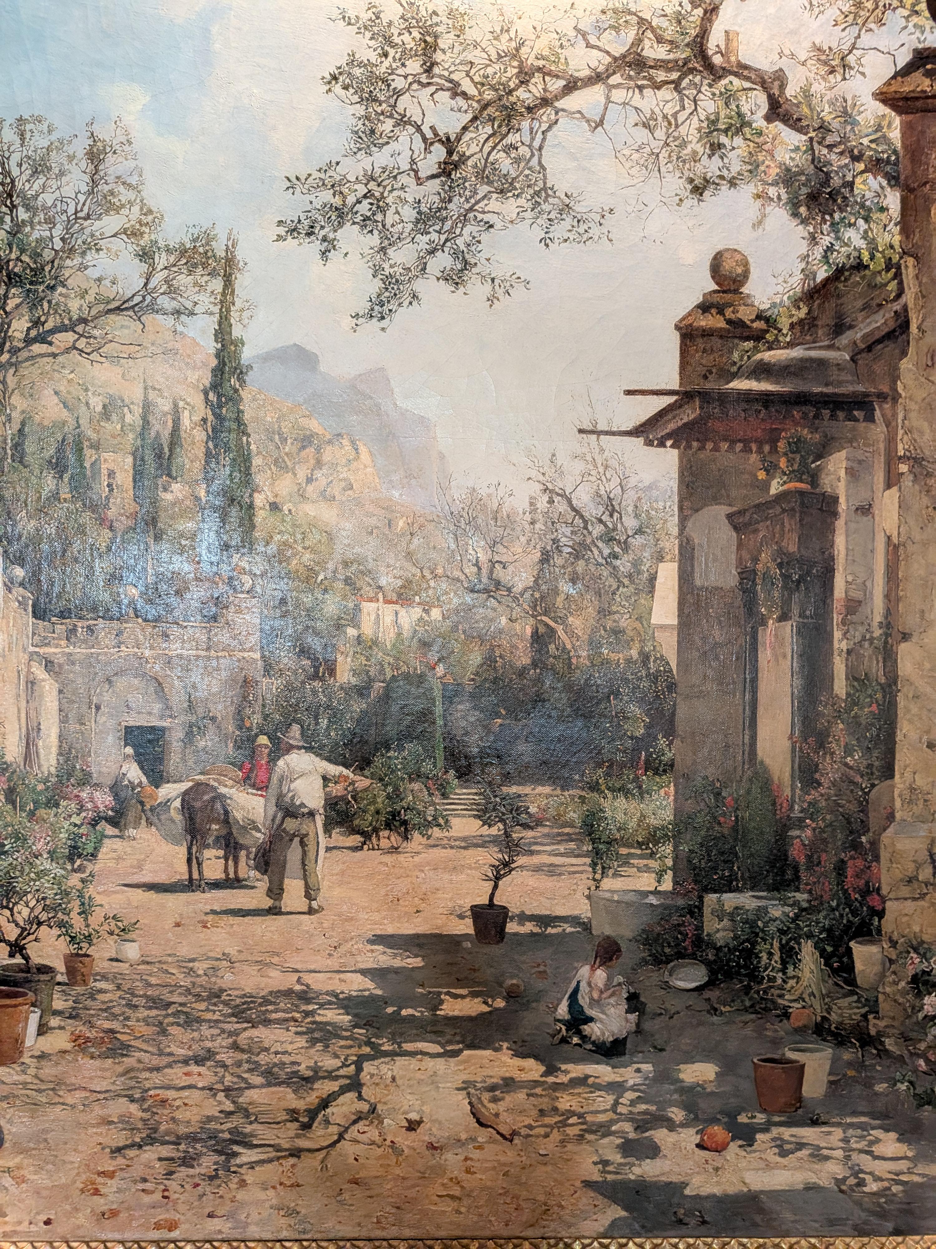 XIXe siècle Ancienne peinture à l'huile du 19e siècle, paysage de village européen, signée Nach Russ en vente