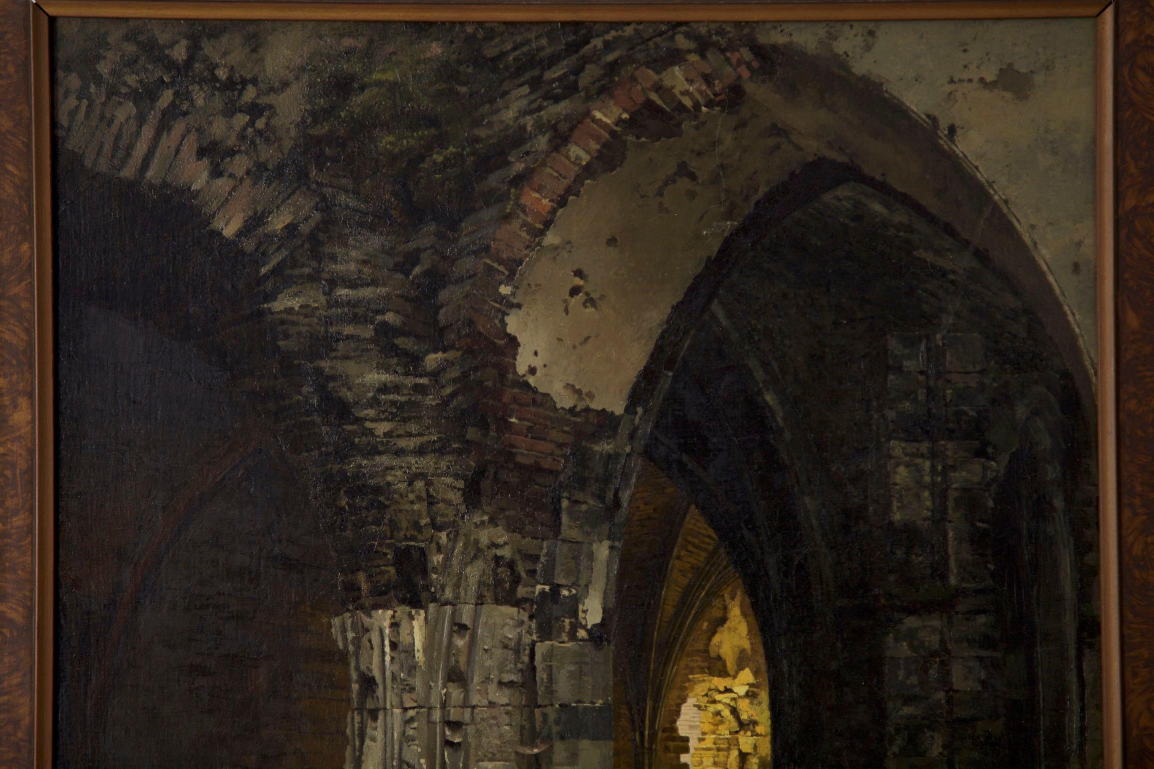 An exquisitely detailed Romantic painting of a mother enjoying a beautiful afternoon with her child, sitting in the cool shade on steps of the ruined arches in an old church. The perfect realism is typical to Benedicter’s work, as he generally