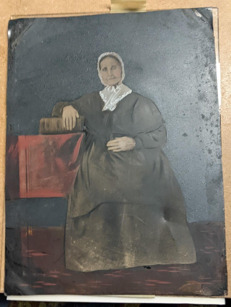 Antique 19th Century Oil Painting on Tin Portrait Woman in Black with ...
