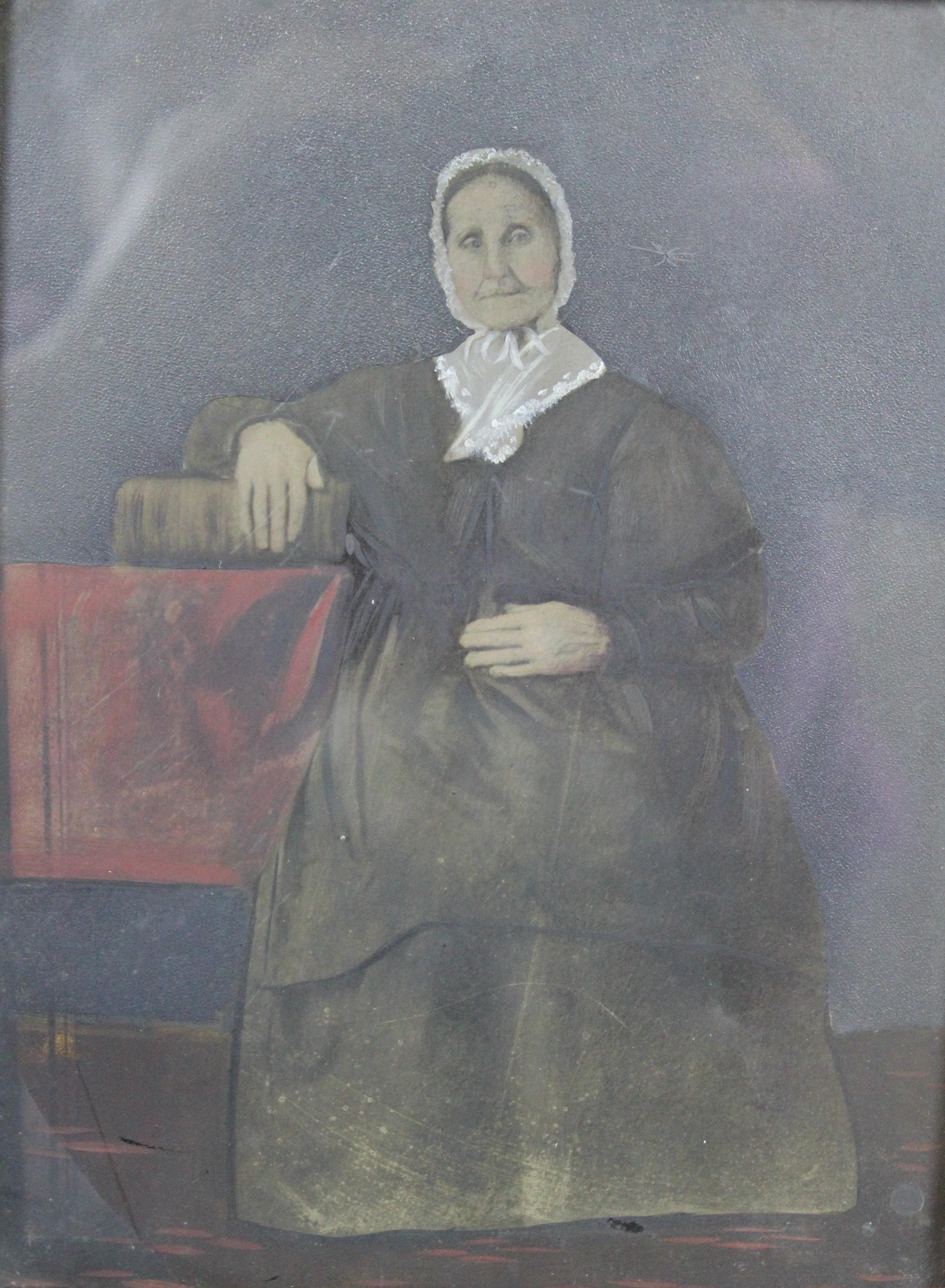 XIXe siècle Peinture à l'huile ancienne du 19ème siècle sur étain - Portrait de femme en noir avec chapeau en vente