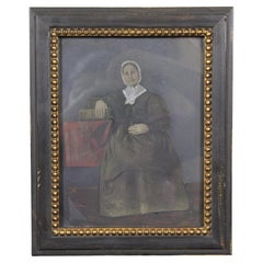 Peinture à l'huile ancienne du 19ème siècle sur étain - Portrait de femme en noir avec chapeau