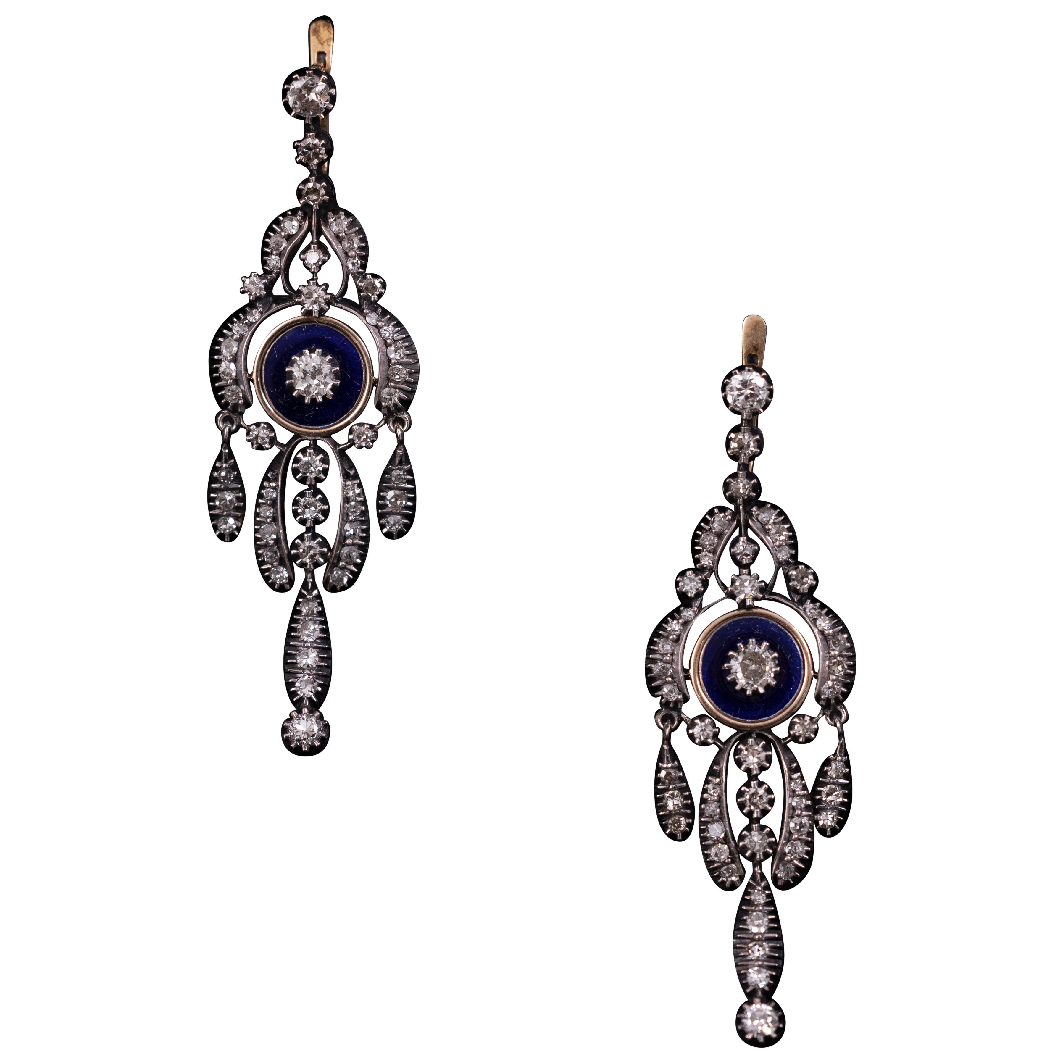 Orecchini a goccia antichi del XIX secolo con diamante brillante e smalto blu, portoghesi