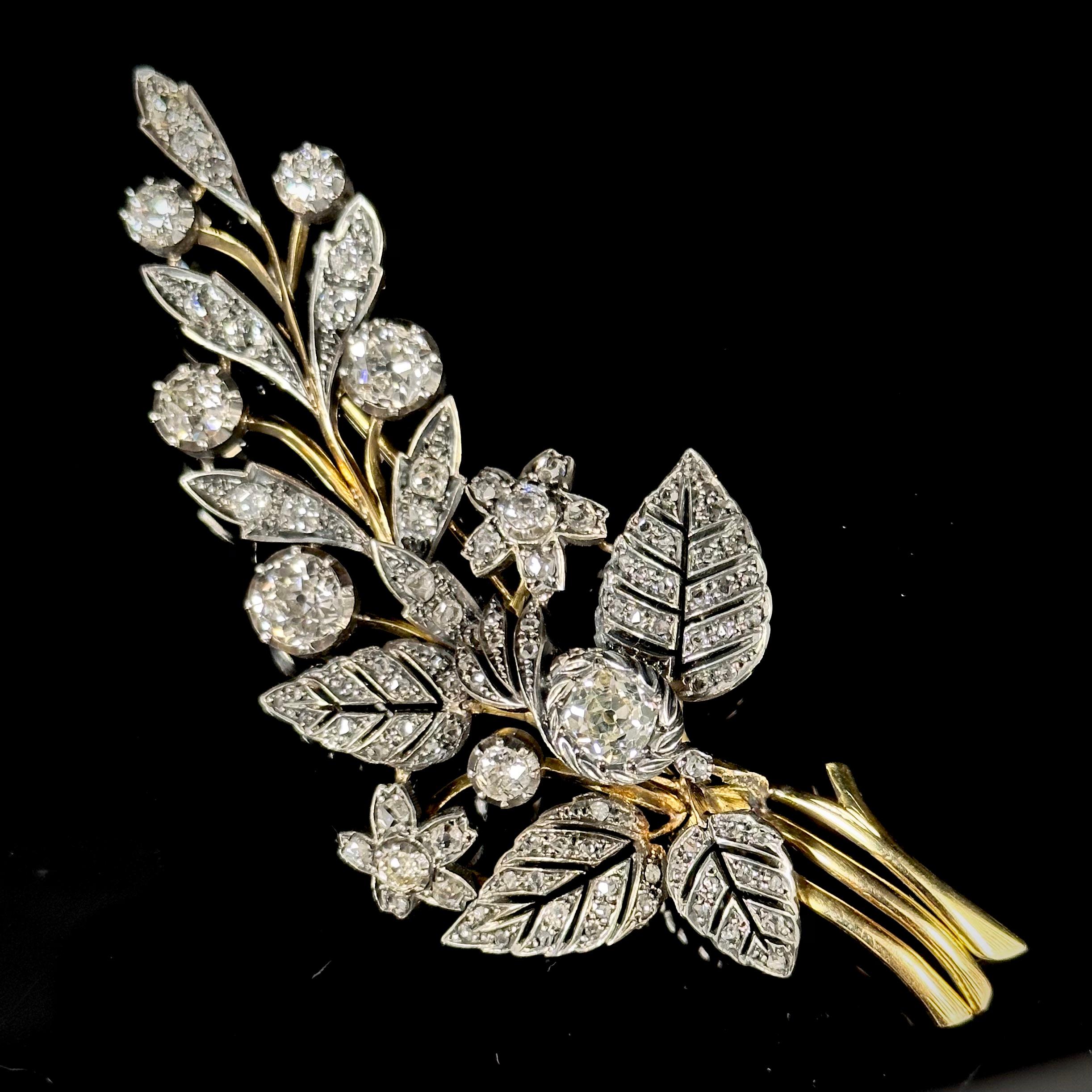 Antique 19th Century Old Cut Diamond Floral Foliate Spray Brooch Silver Gold For Sale 4