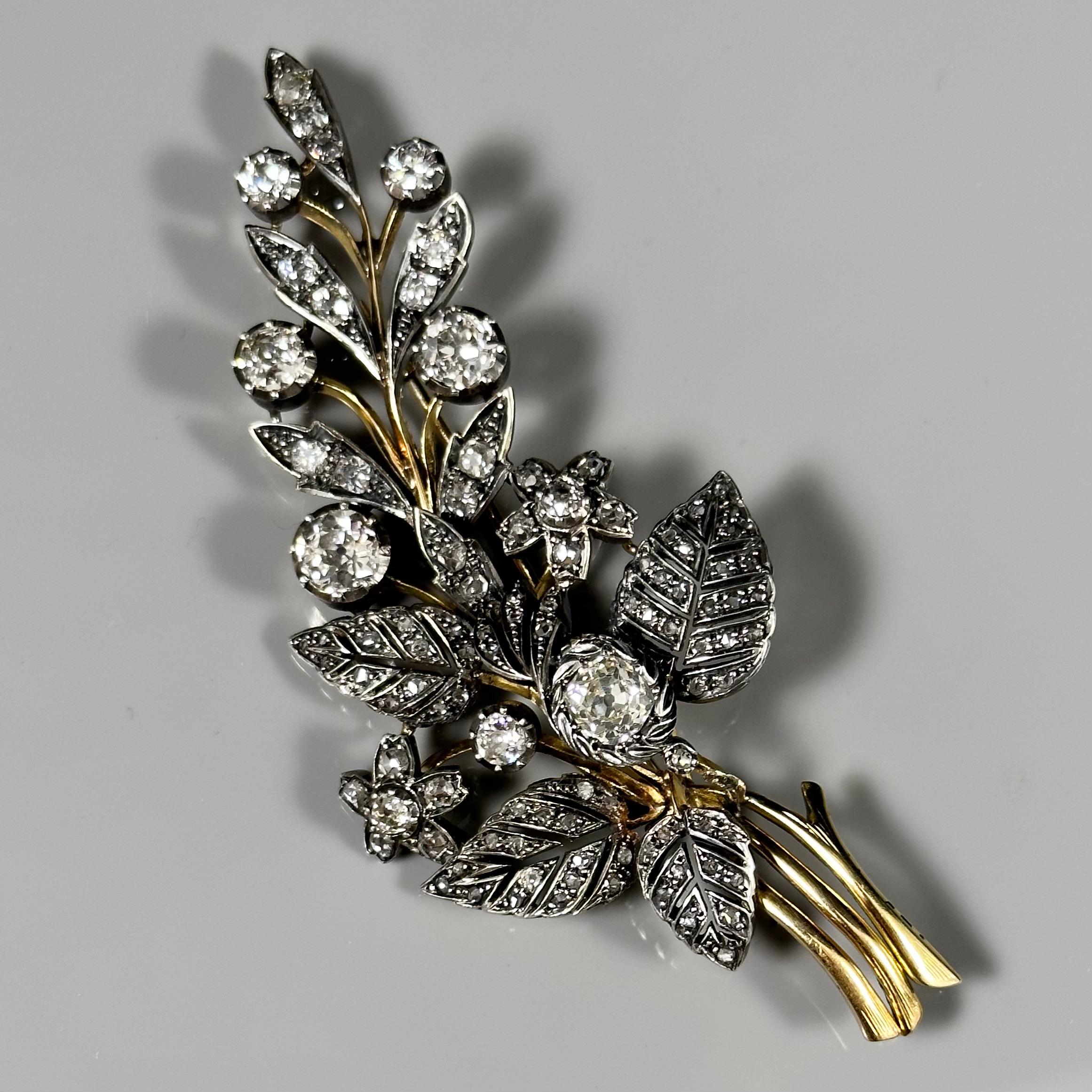 Antique 19th Century Old Cut Diamond Floral Foliate Spray Brooch Silver Gold For Sale 5