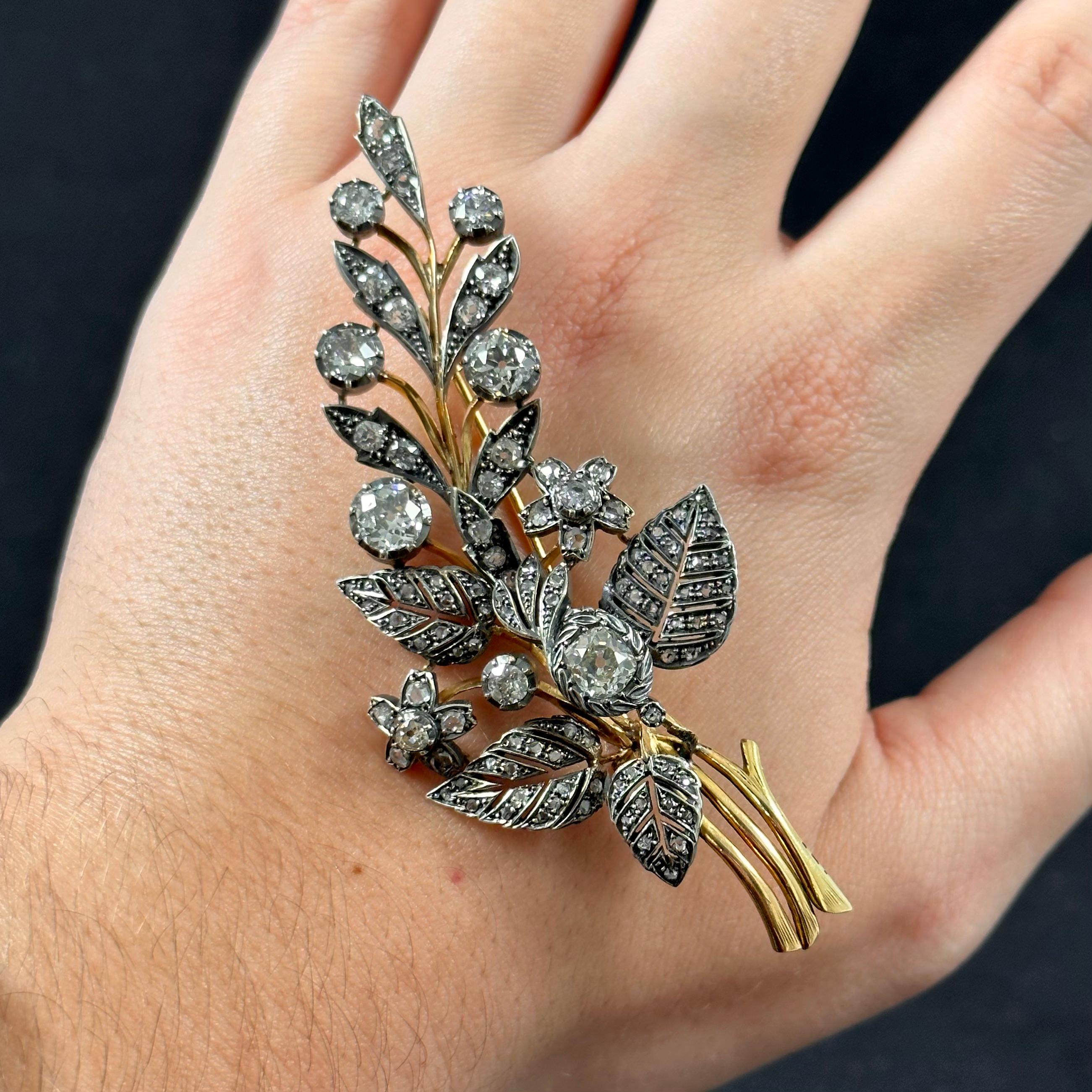 Victorian Antique 19th Century Old Cut Diamond Floral Foliate Spray Brooch Silver Gold For Sale