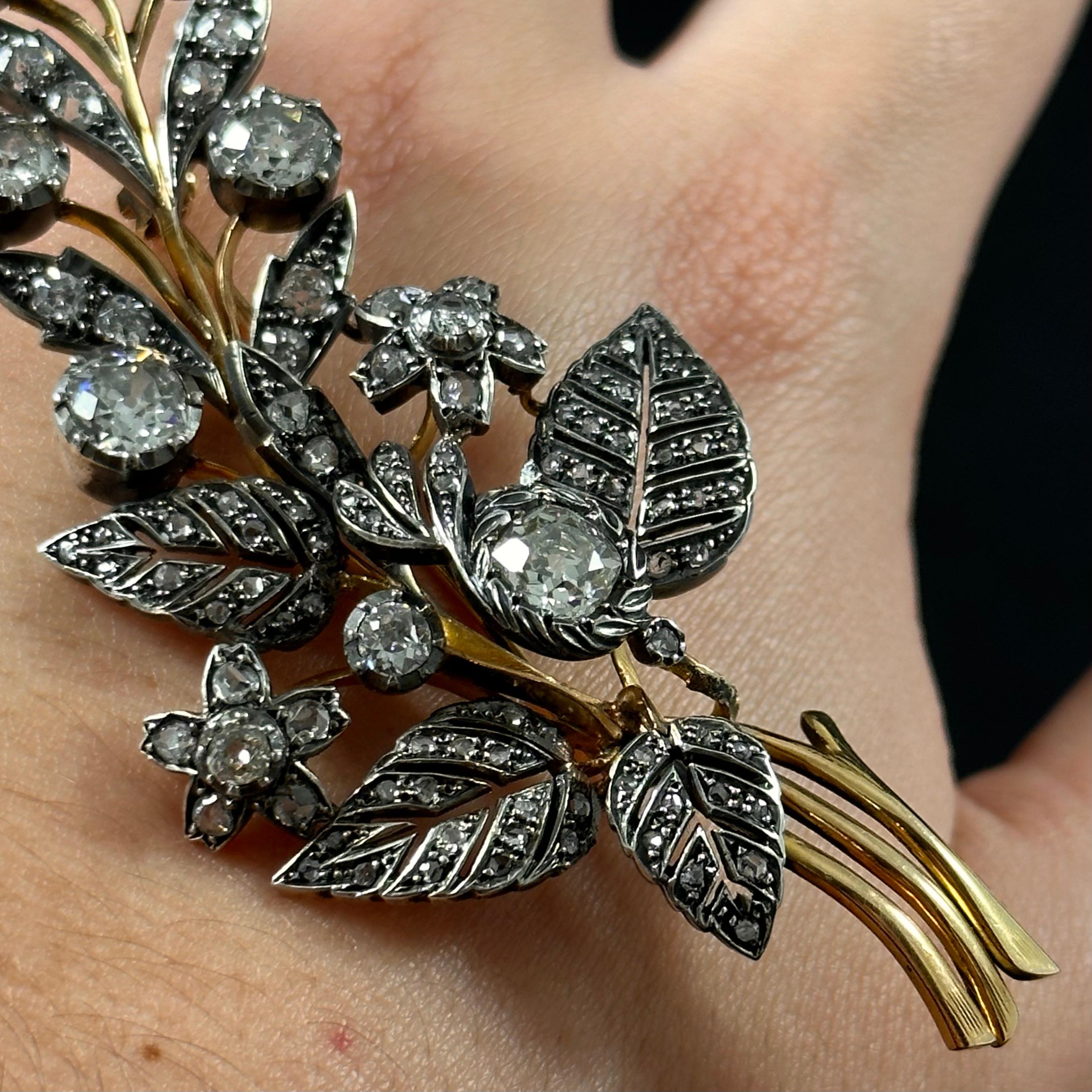 Old Mine Cut Antique 19th Century Old Cut Diamond Floral Foliate Spray Brooch Silver Gold For Sale