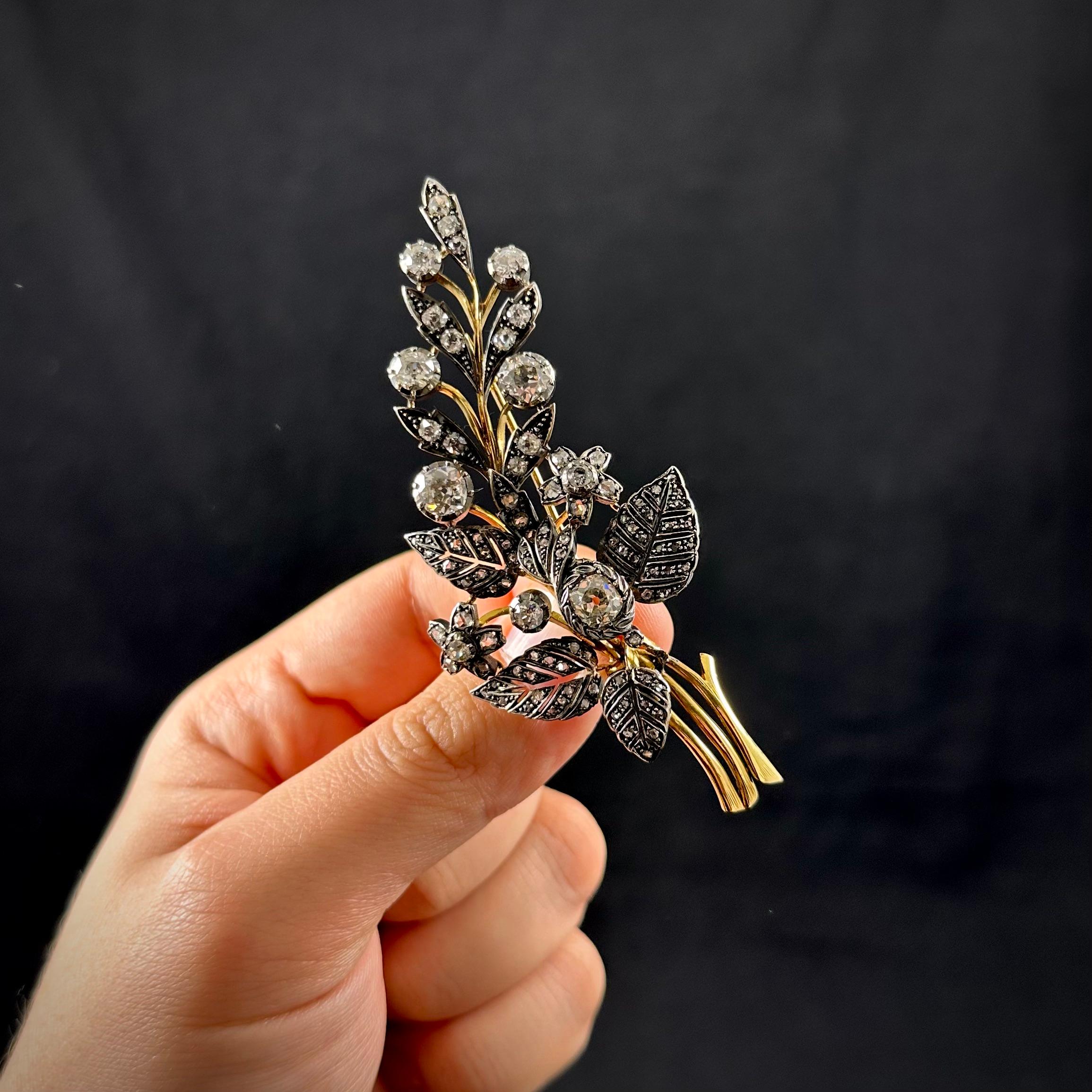 Antique 19th Century Old Cut Diamond Floral Foliate Spray Brooch Silver Gold In Good Condition For Sale In Lisbon, PT