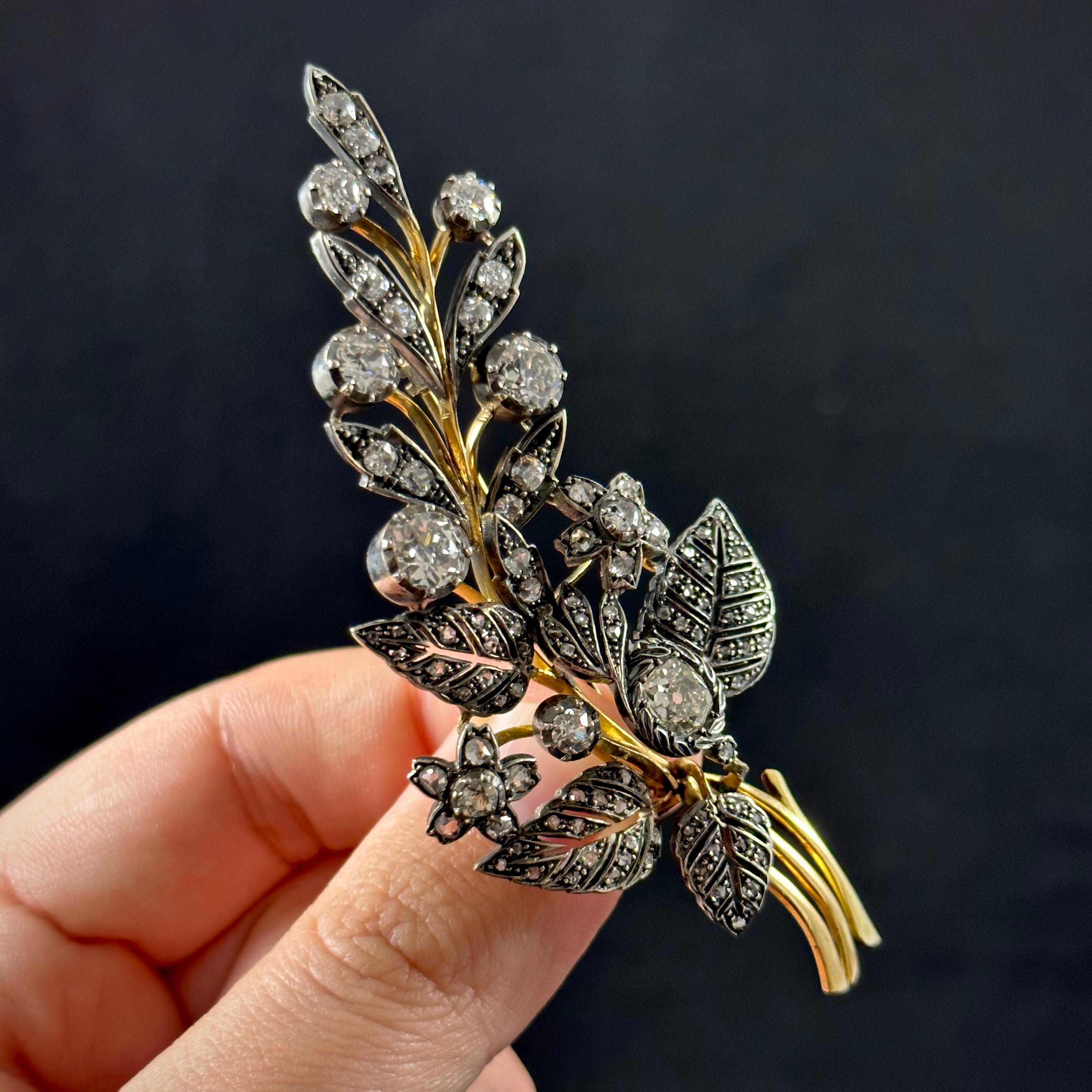 Women's or Men's Antique 19th Century Old Cut Diamond Floral Foliate Spray Brooch Silver Gold For Sale