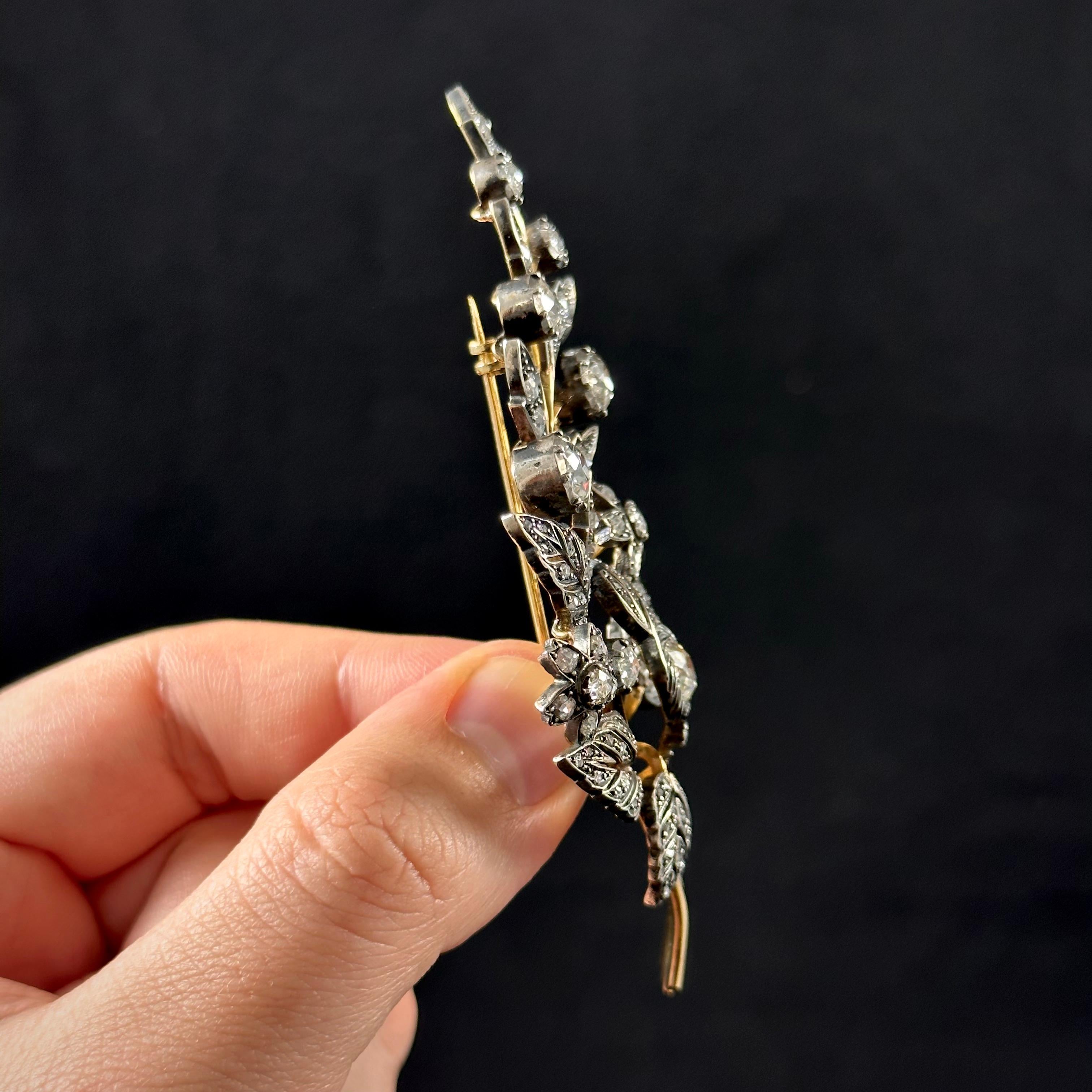 Antique 19th Century Old Cut Diamond Floral Foliate Spray Brooch Silver Gold For Sale 1