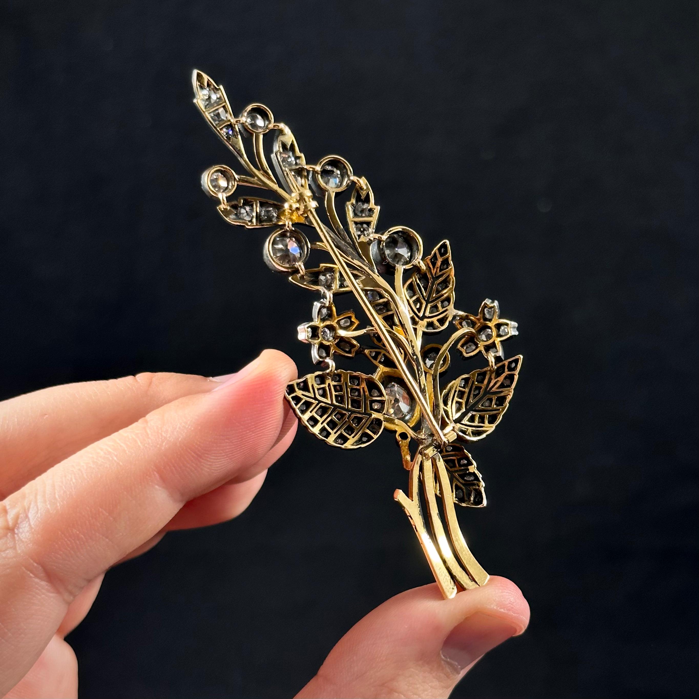 Antique 19th Century Old Cut Diamond Floral Foliate Spray Brooch Silver Gold For Sale 2