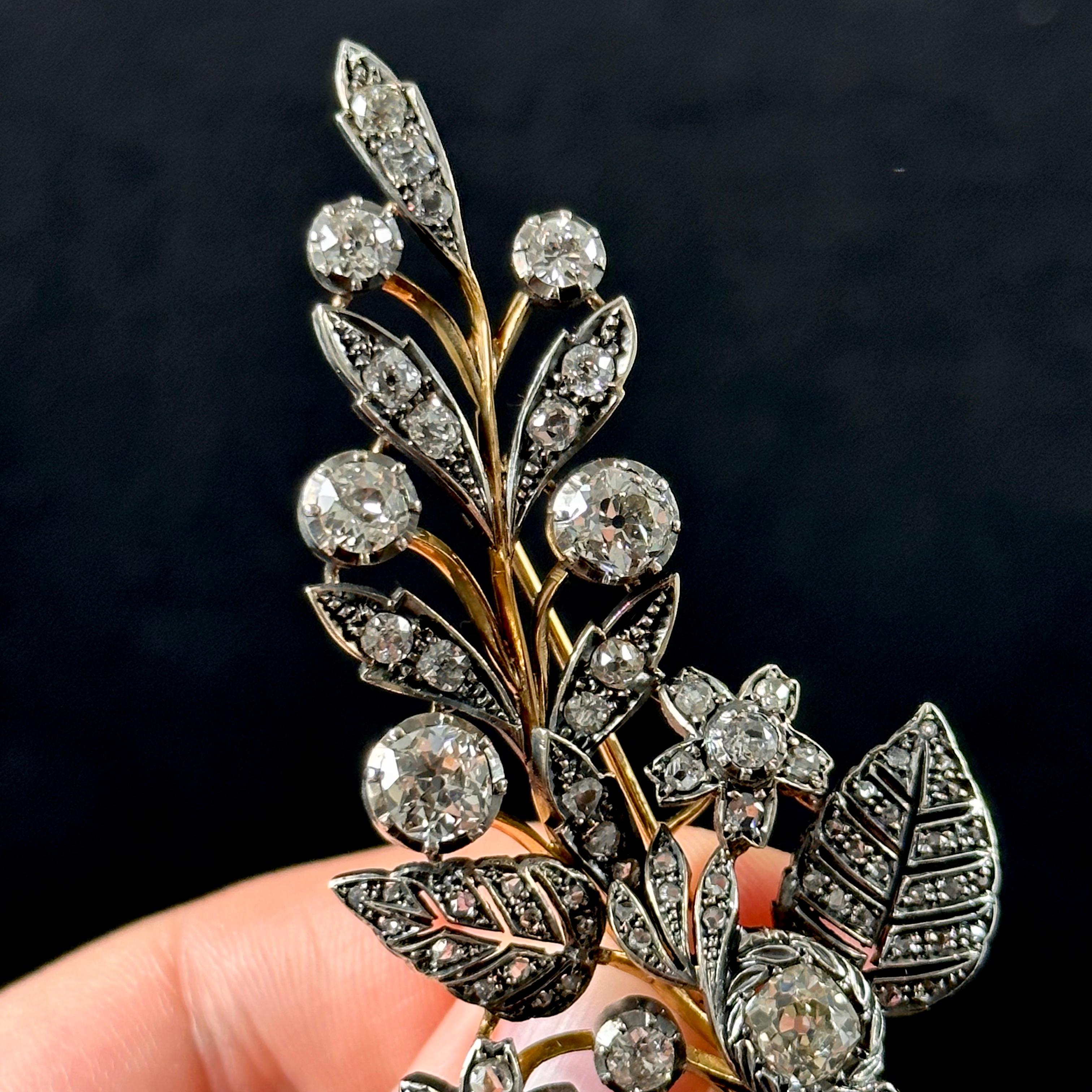 Antique 19th Century Old Cut Diamond Floral Foliate Spray Brooch Silver Gold For Sale 3