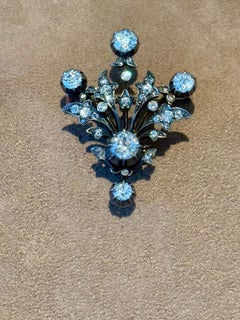 Antique 19th Century old cut Diamond floral Spray Brooch Silver yellow Gold