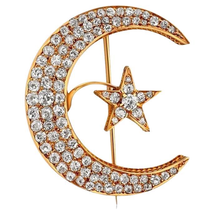 Broche Vintage Rare Lune Et Étoiles - Bijou Ancien Style Spilla Luna Stelle - Occasion