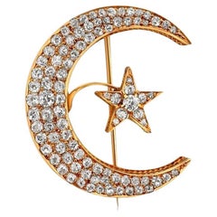 Antique 19th Century Old Mine Cut Diamond Crescent Moon Star Brooch Pendant Gold