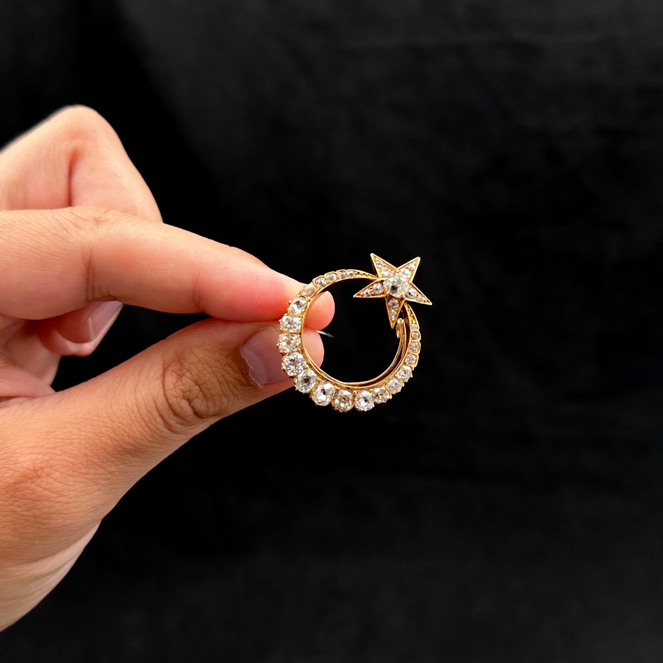 Antique 19th Century Old Mine Cut Diamond Crescent Moon Star Brooch Yellow Gold For Sale 3