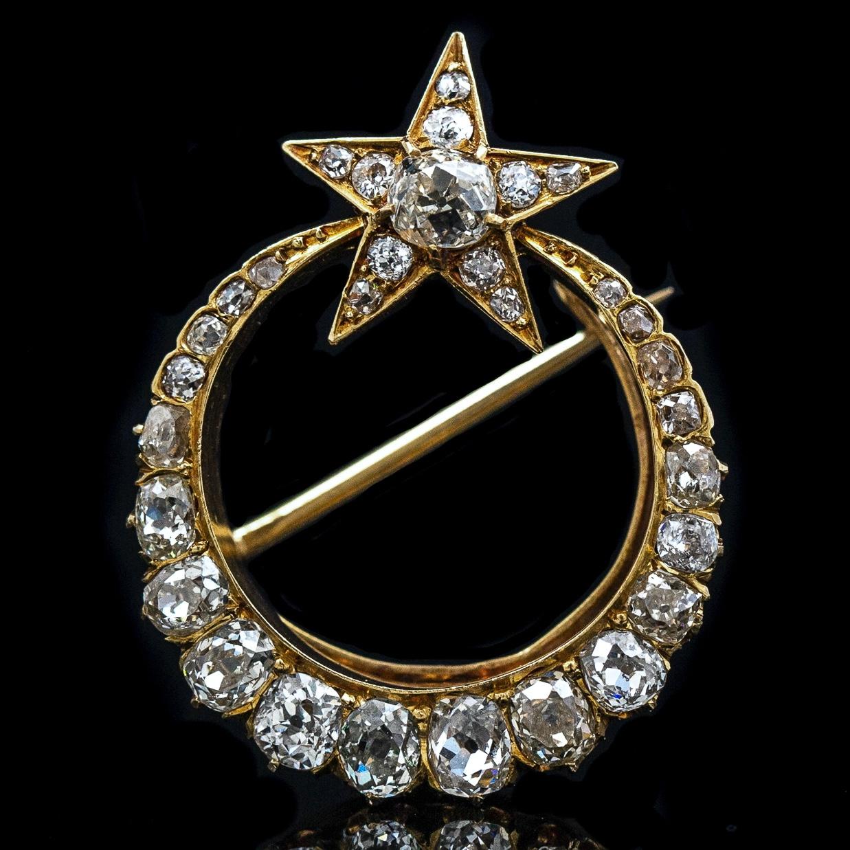 Women's or Men's Antique 19th Century Old Mine Cut Diamond Crescent Moon Star Brooch Yellow Gold For Sale